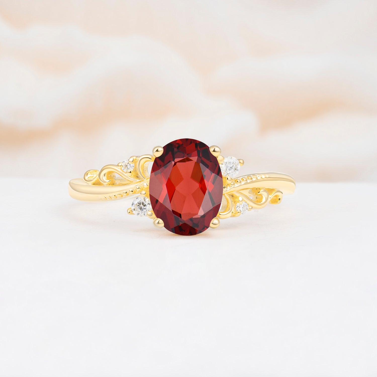Romantic Oval Cut Twisted Scroll Side Stone Garnet Engagement Ring - Additional view