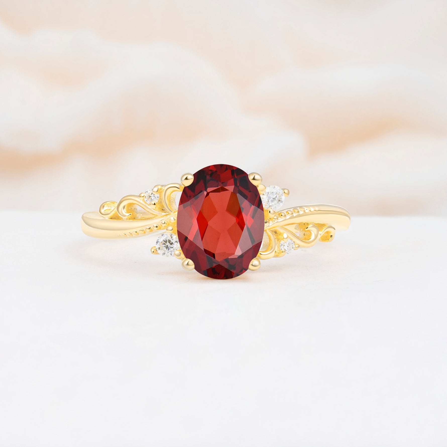 Romantic Oval Cut Twisted Scroll Side Stone Garnet Engagement Ring - Additional view