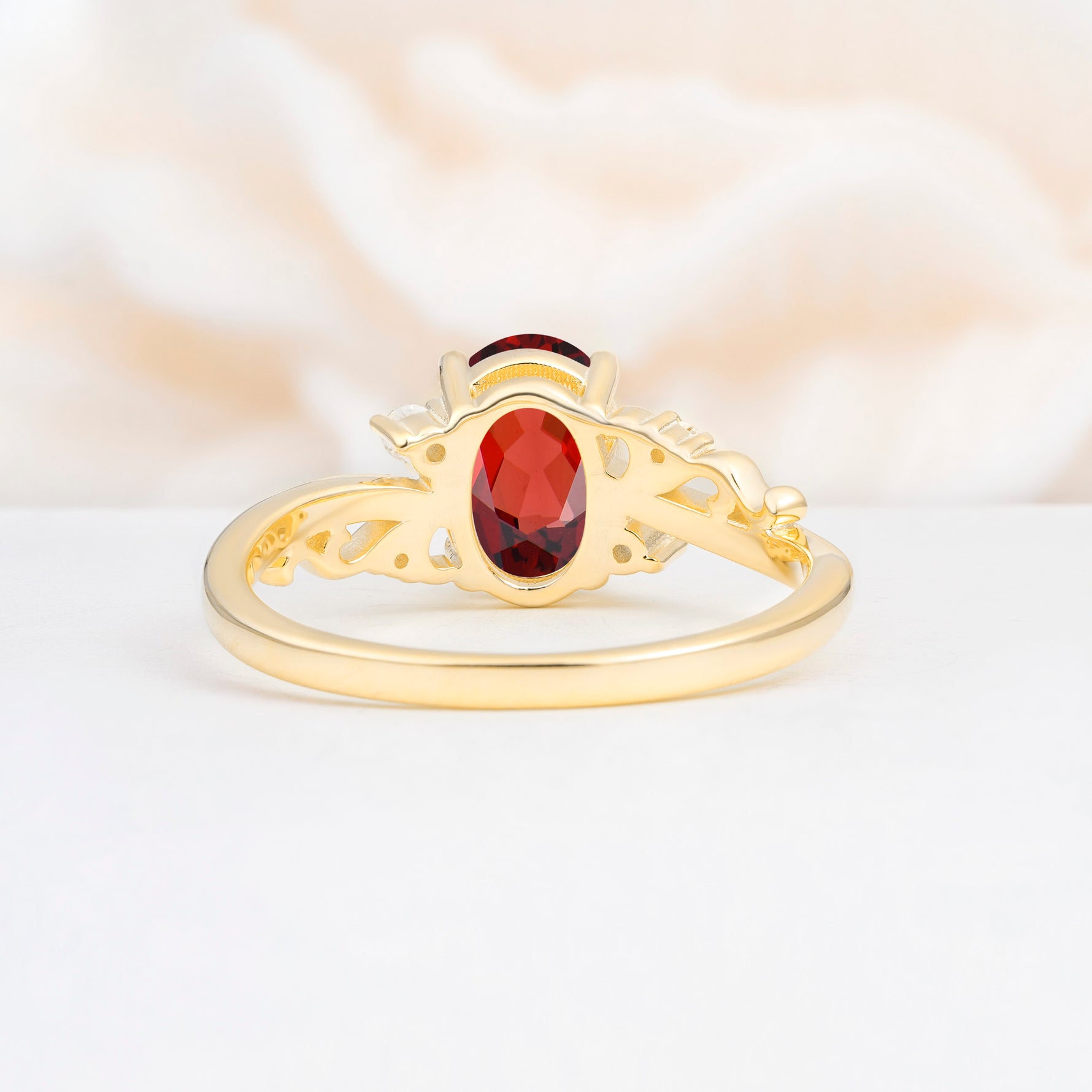 Romantic Oval Cut Twisted Scroll Side Stone Garnet Engagement Ring - Additional view