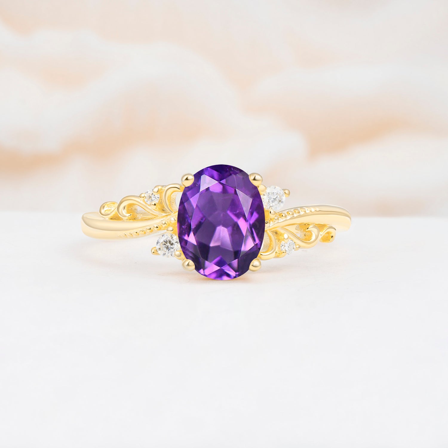 Romantic Oval Cut Twisted Scroll Side Stone Amethyst Engagement Ring - Additional view
