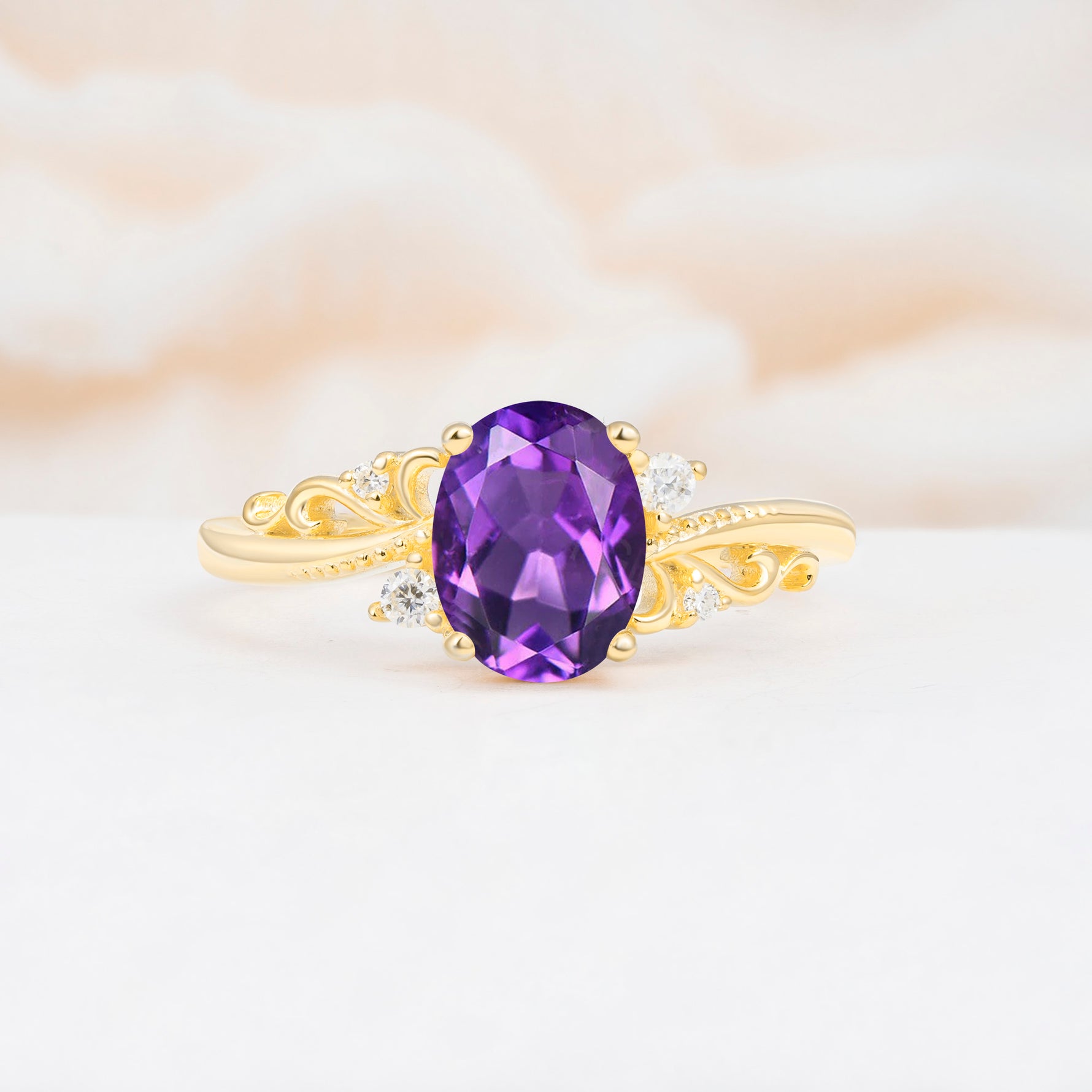Romantic Oval Cut Twisted Scroll Side Stone Amethyst Engagement Ring - Additional view
