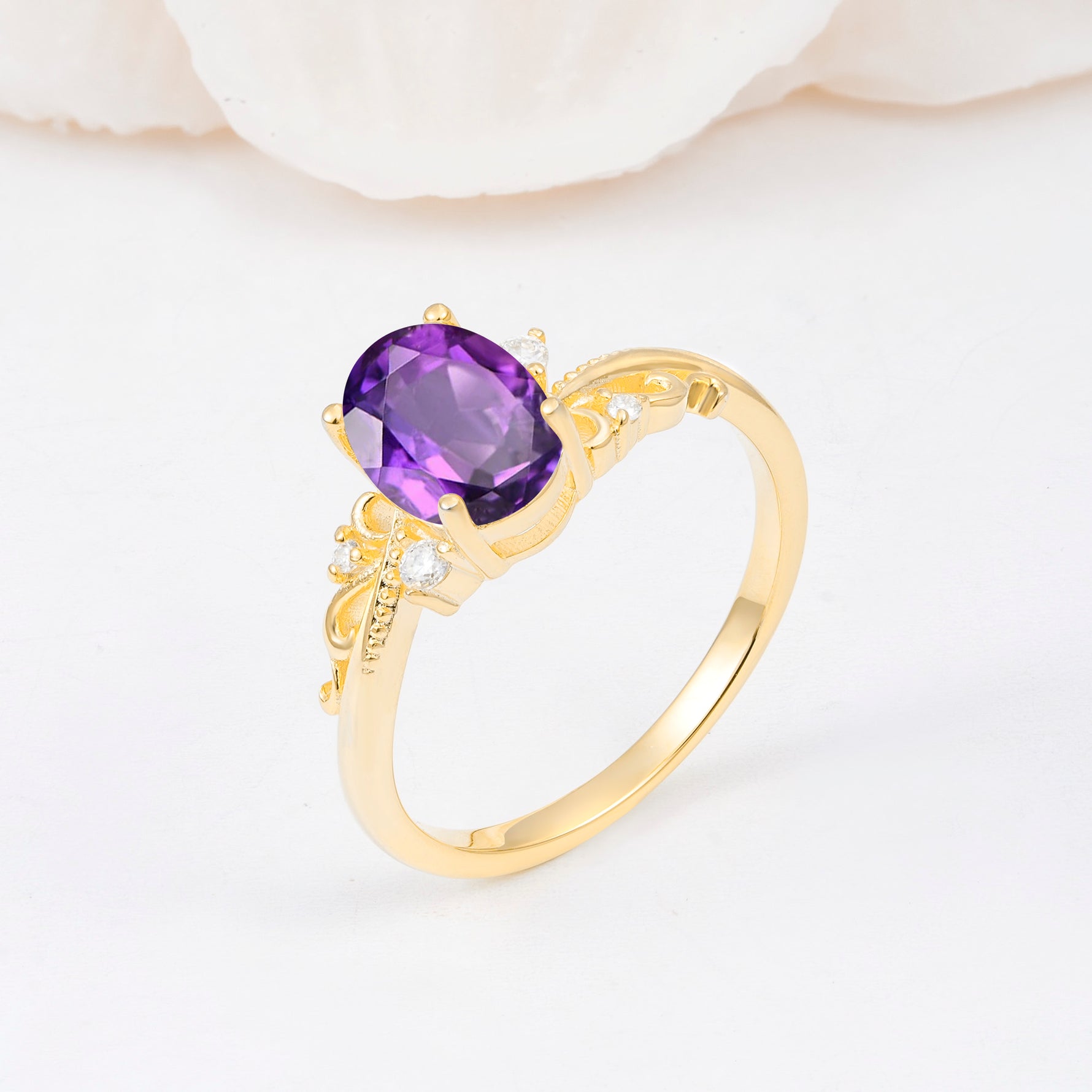 Romantic Oval Cut Twisted Scroll Side Stone Amethyst Engagement Ring - Additional view