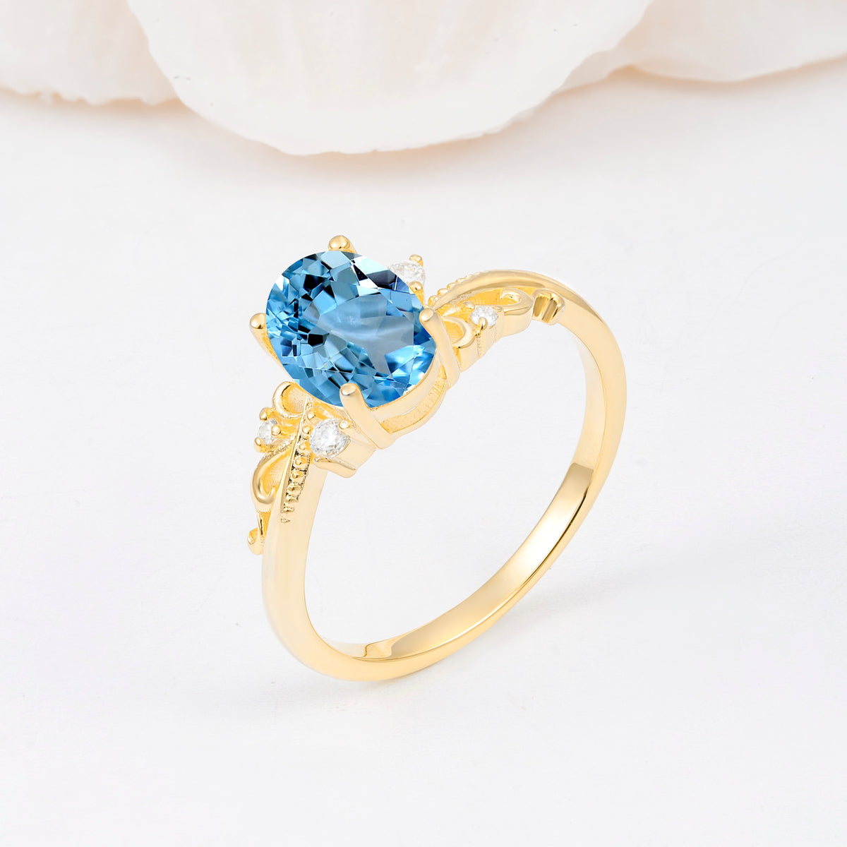 Romantic Oval Cut Twisted Scroll Side Stone Aquamarine Engagement Ring - Additional view