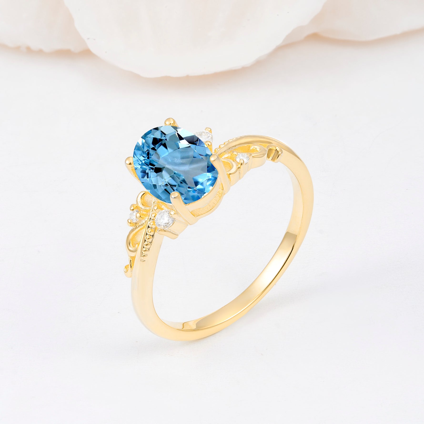 Romantic Oval Cut Twisted Scroll Side Stone Aquamarine Engagement Ring - Additional view