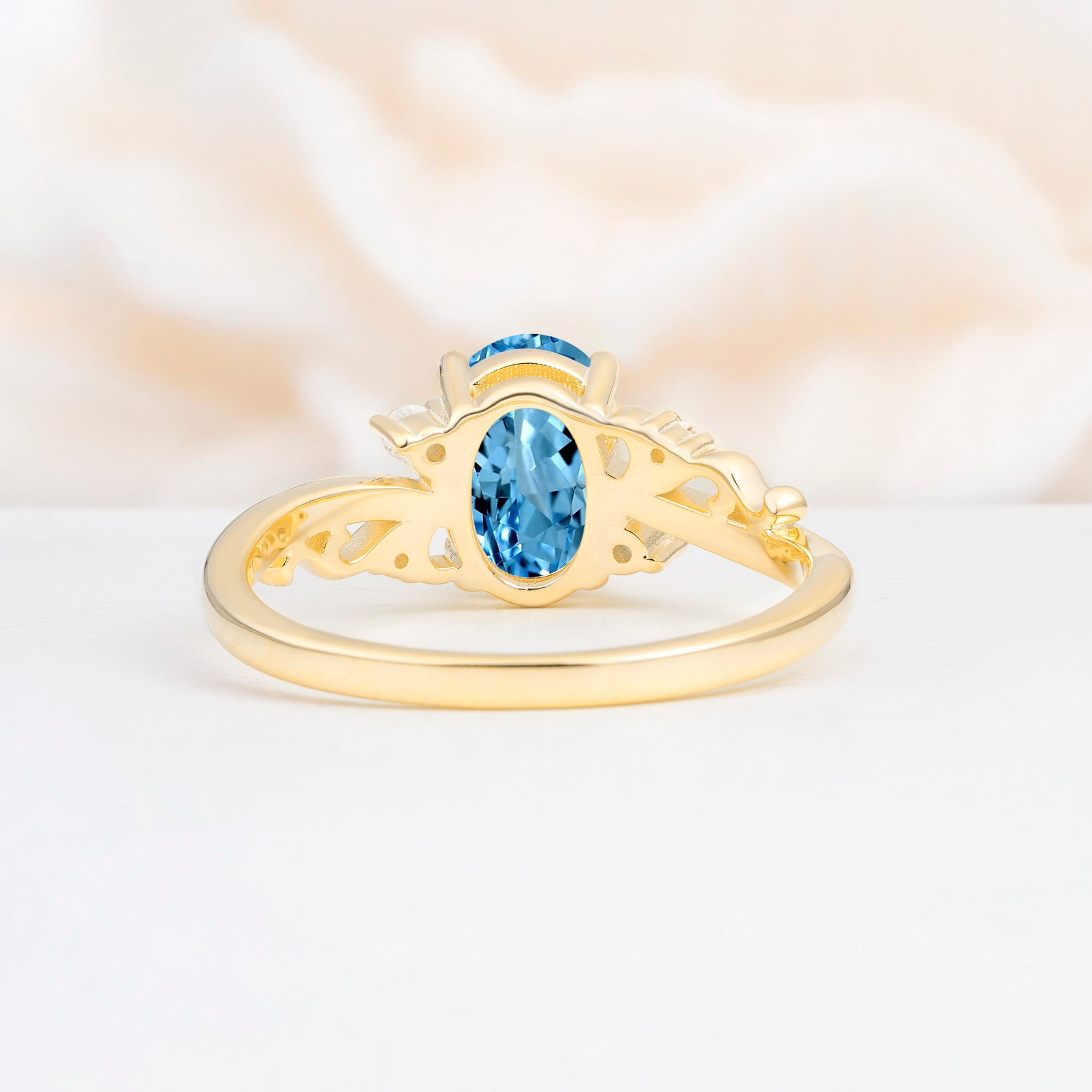 Romantic Oval Cut Twisted Scroll Side Stone Aquamarine Engagement Ring - Additional view