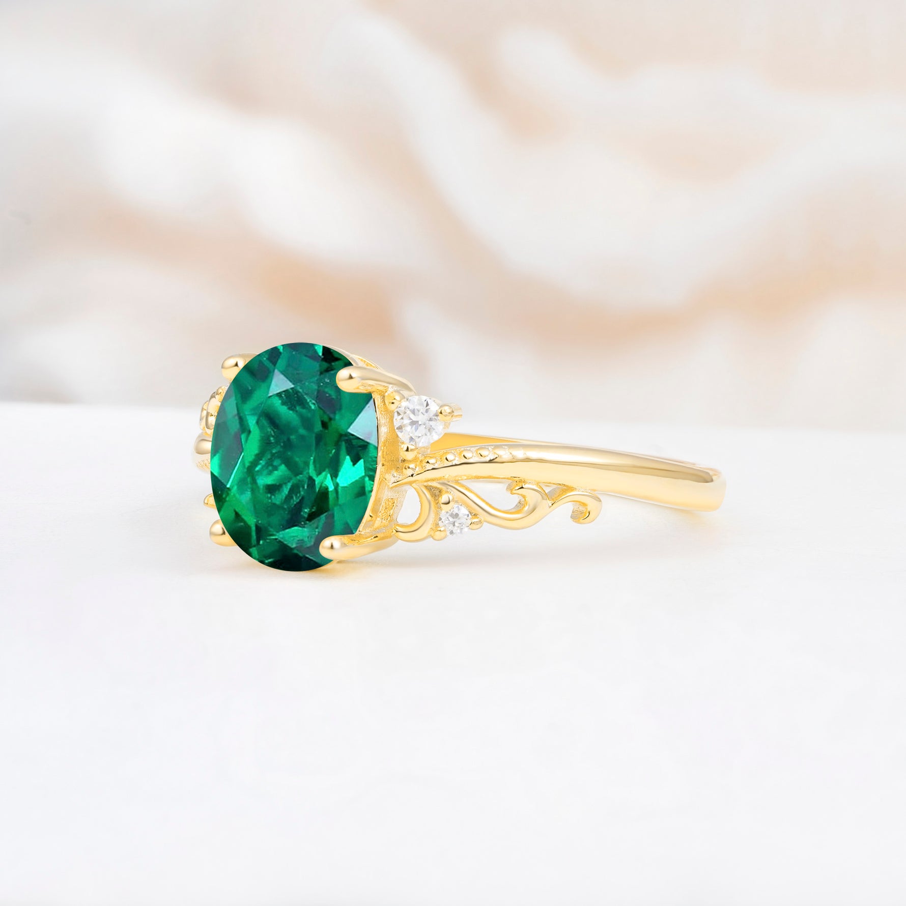 Romantic Oval Cut Twisted Scroll Side Stone Emerald Engagement Ring - Additional view