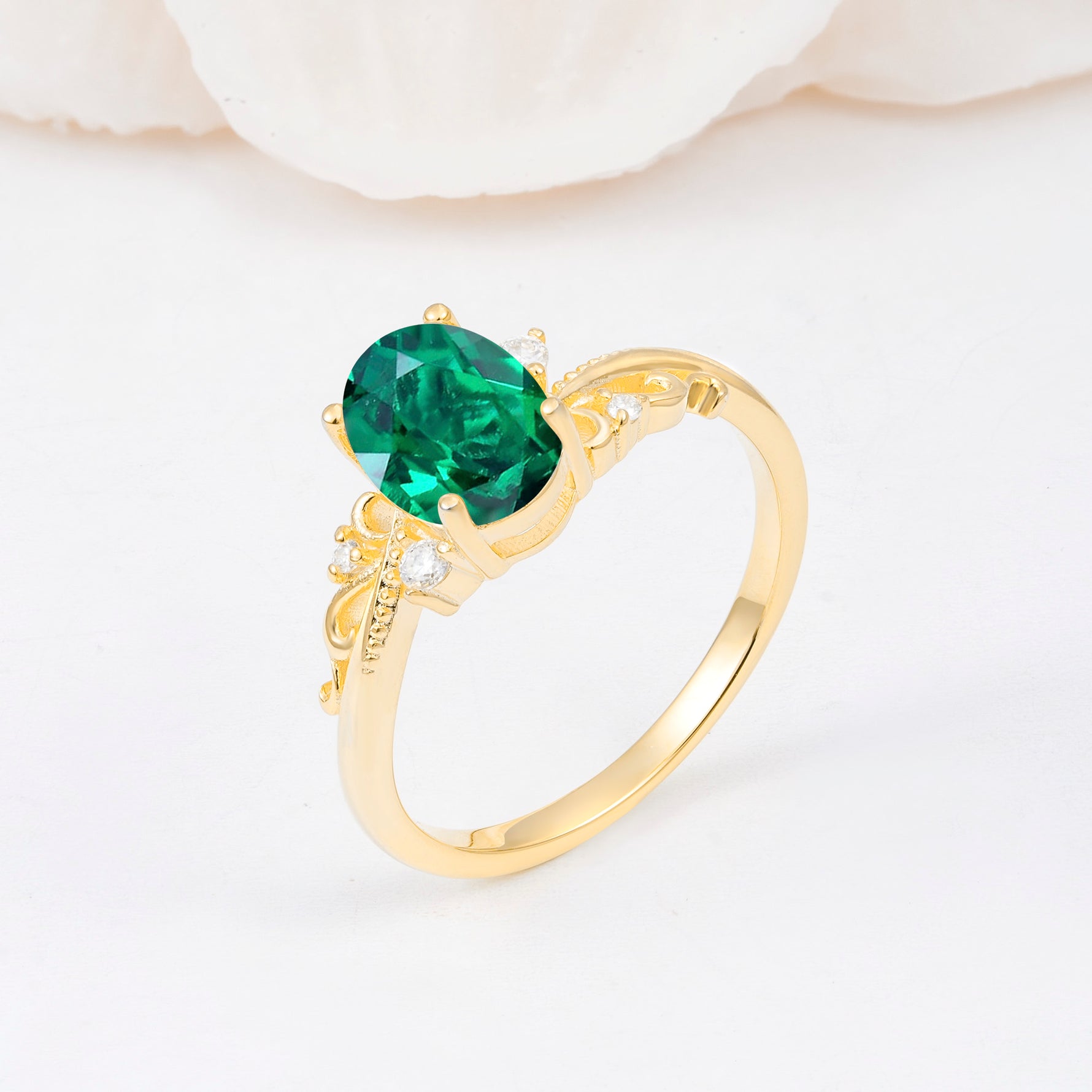 Romantic Oval Cut Twisted Scroll Side Stone Emerald Engagement Ring - Additional view
