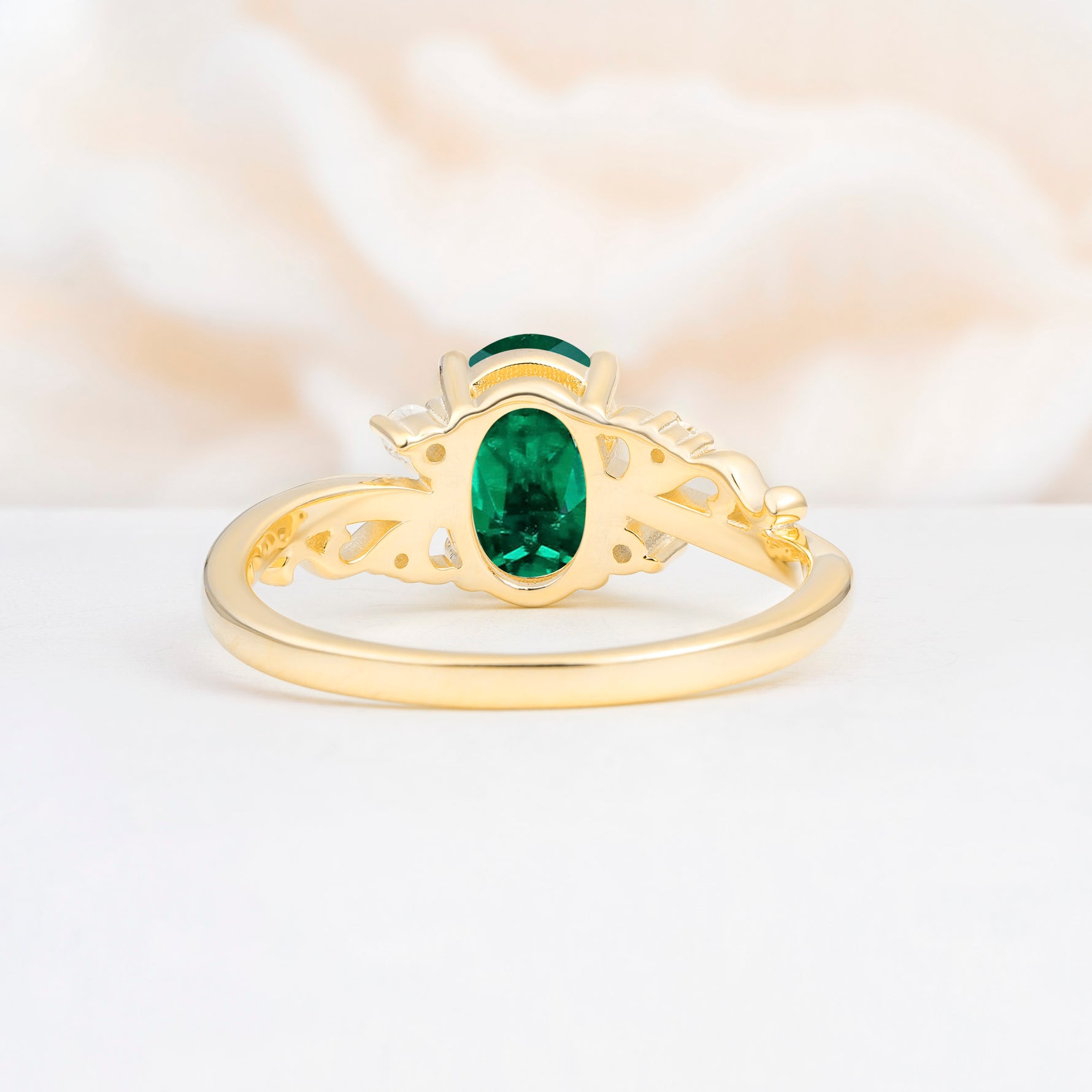 Romantic Oval Cut Twisted Scroll Side Stone Emerald Engagement Ring - Additional view