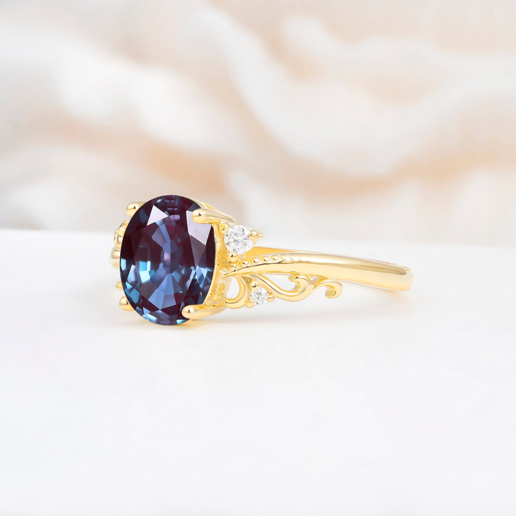 Romantic Oval Cut Twisted Scroll Side Stone Alexandrite Engagement Ring - Additional view