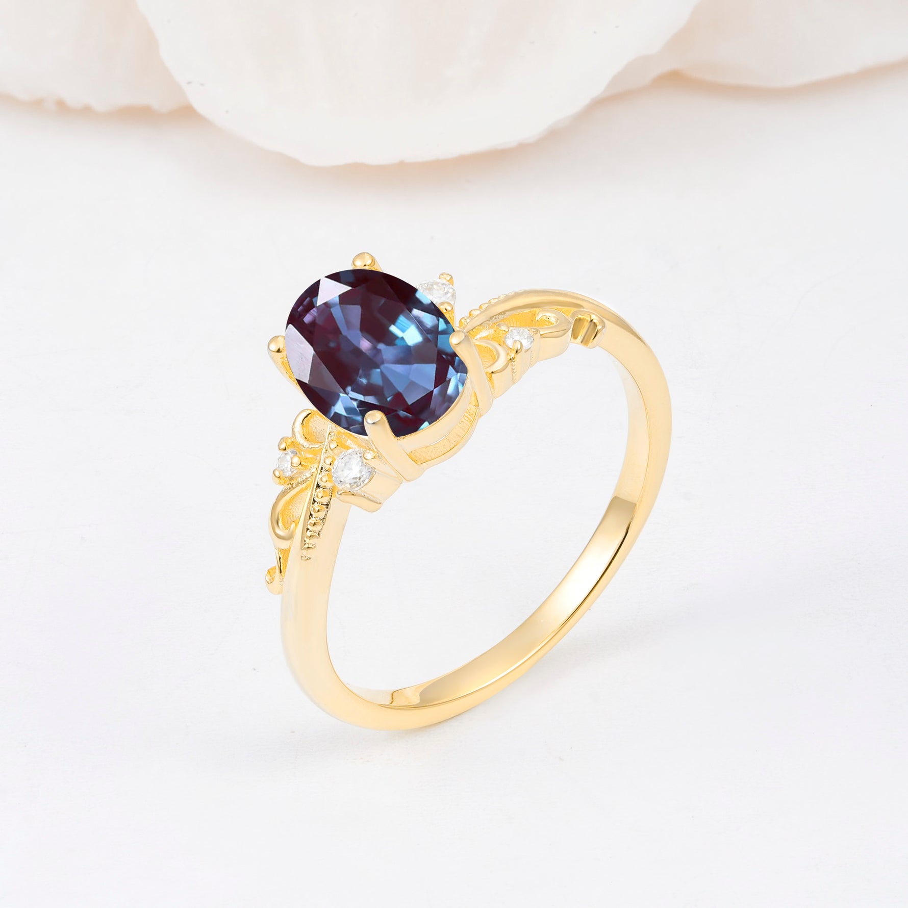 Romantic Oval Cut Twisted Scroll Side Stone Alexandrite Engagement Ring - Additional view