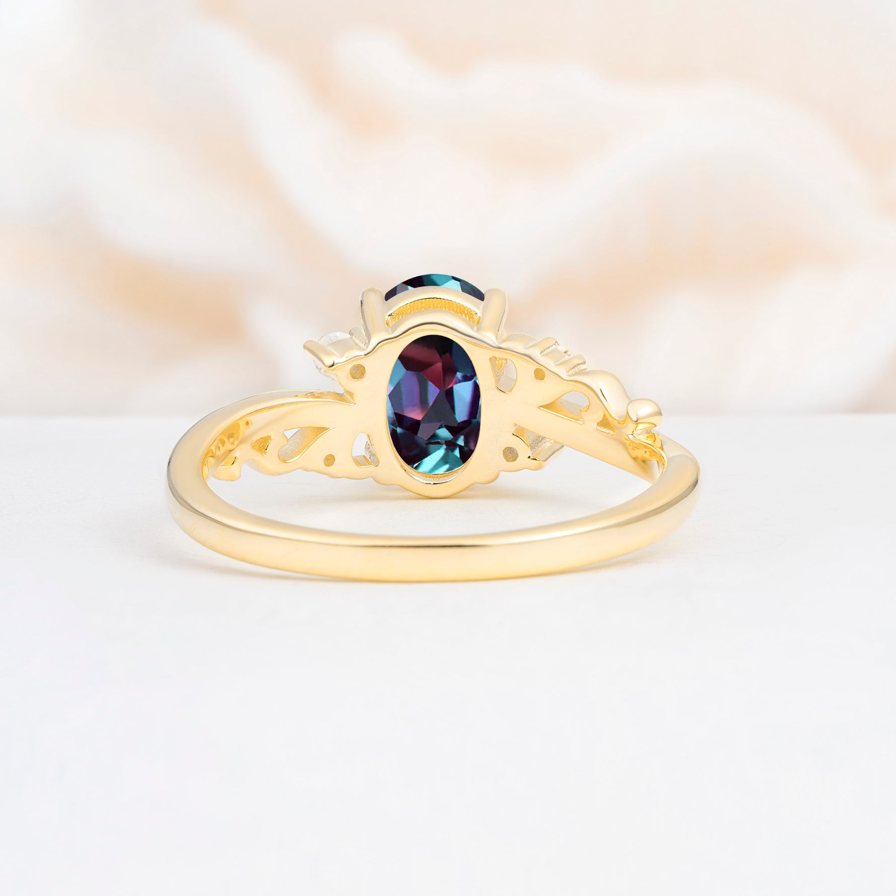 Romantic Oval Cut Twisted Scroll Side Stone Alexandrite Engagement Ring - Additional view