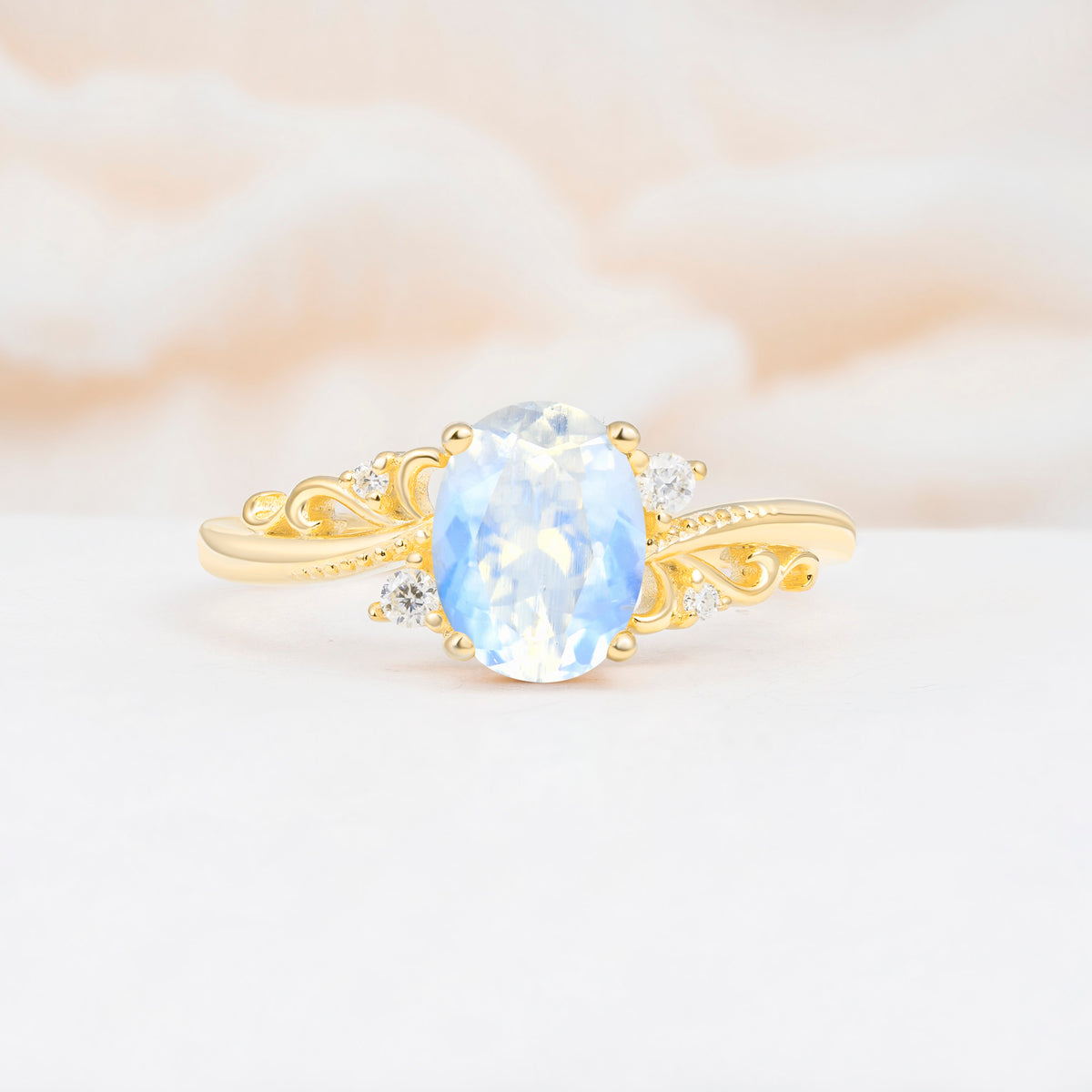 Romantic Oval Cut Twisted Scroll Side Stone Moonstone Engagement Ring - Additional view