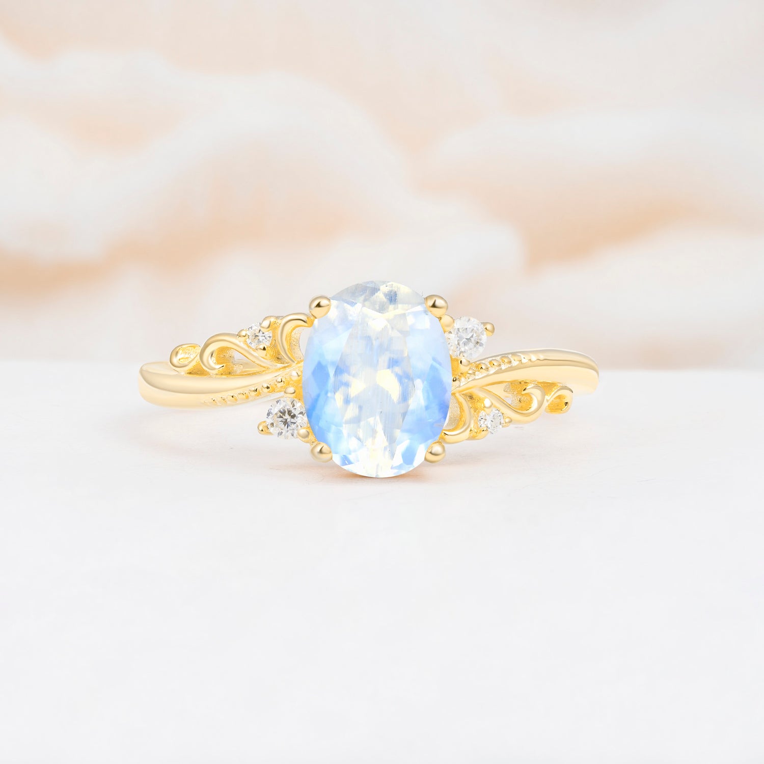 Romantic Oval Cut Twisted Scroll Side Stone Moonstone Engagement Ring - Additional view