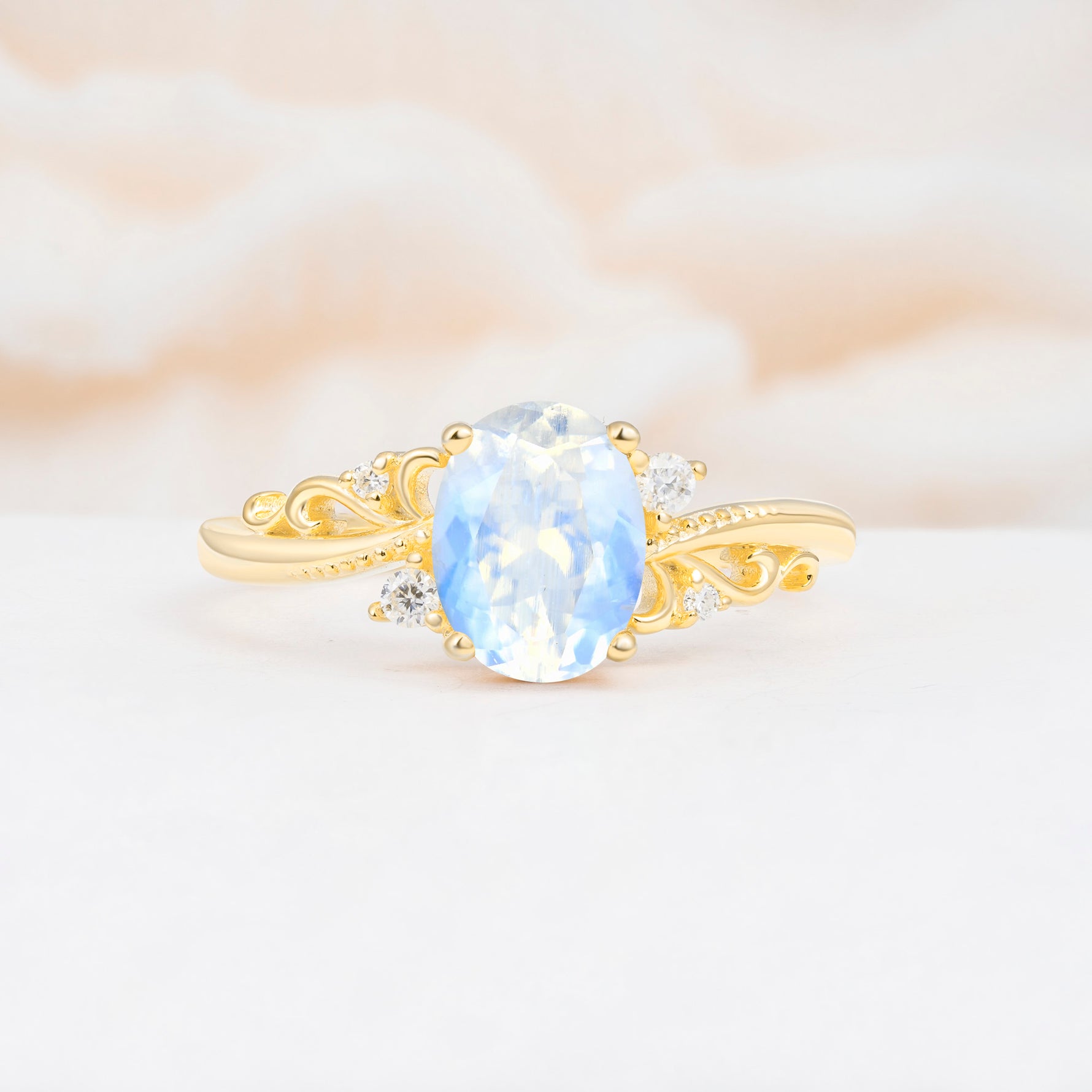 Romantic Oval Cut Twisted Scroll Side Stone Moonstone Engagement Ring - Additional view