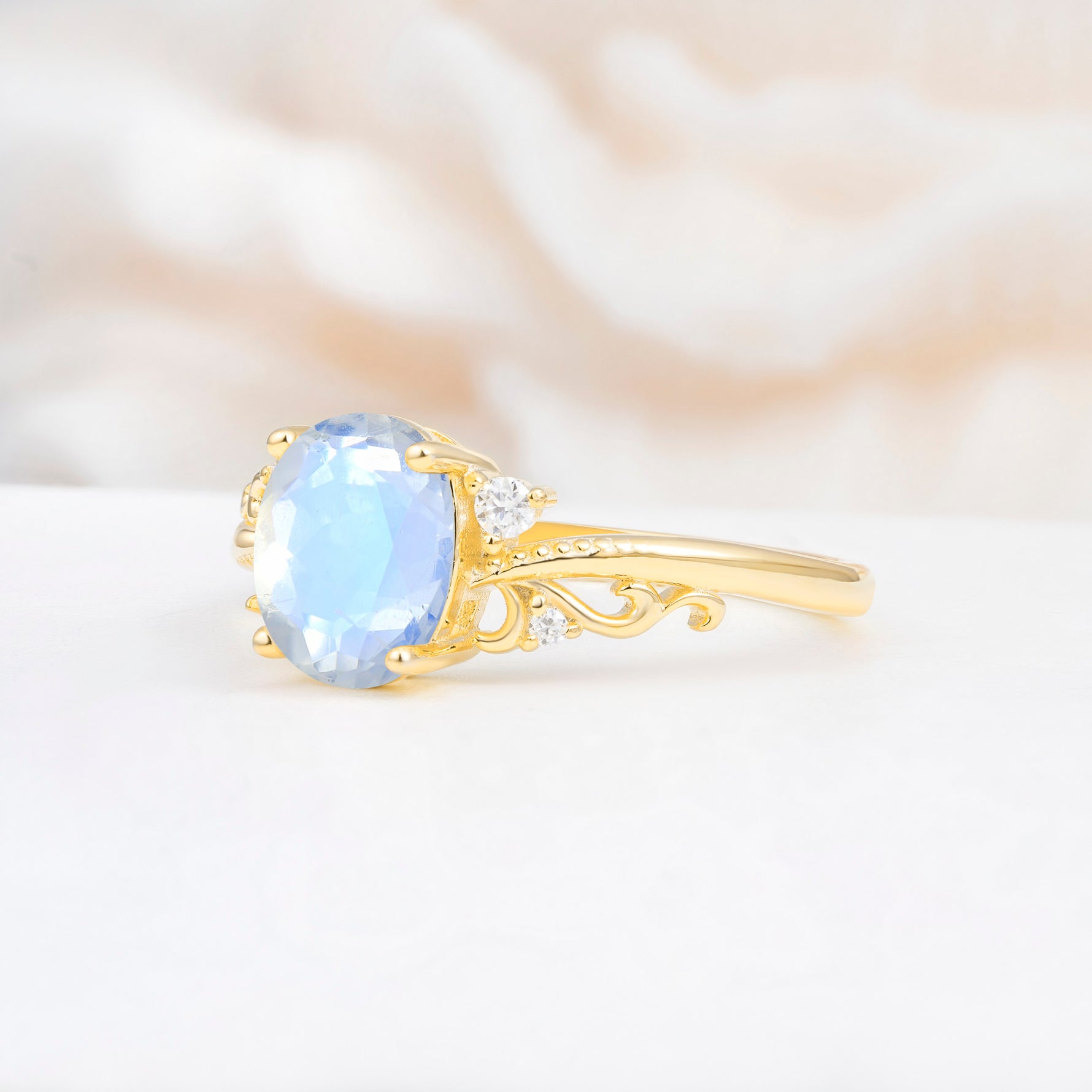 Romantic Oval Cut Twisted Scroll Side Stone Moonstone Engagement Ring - Additional view