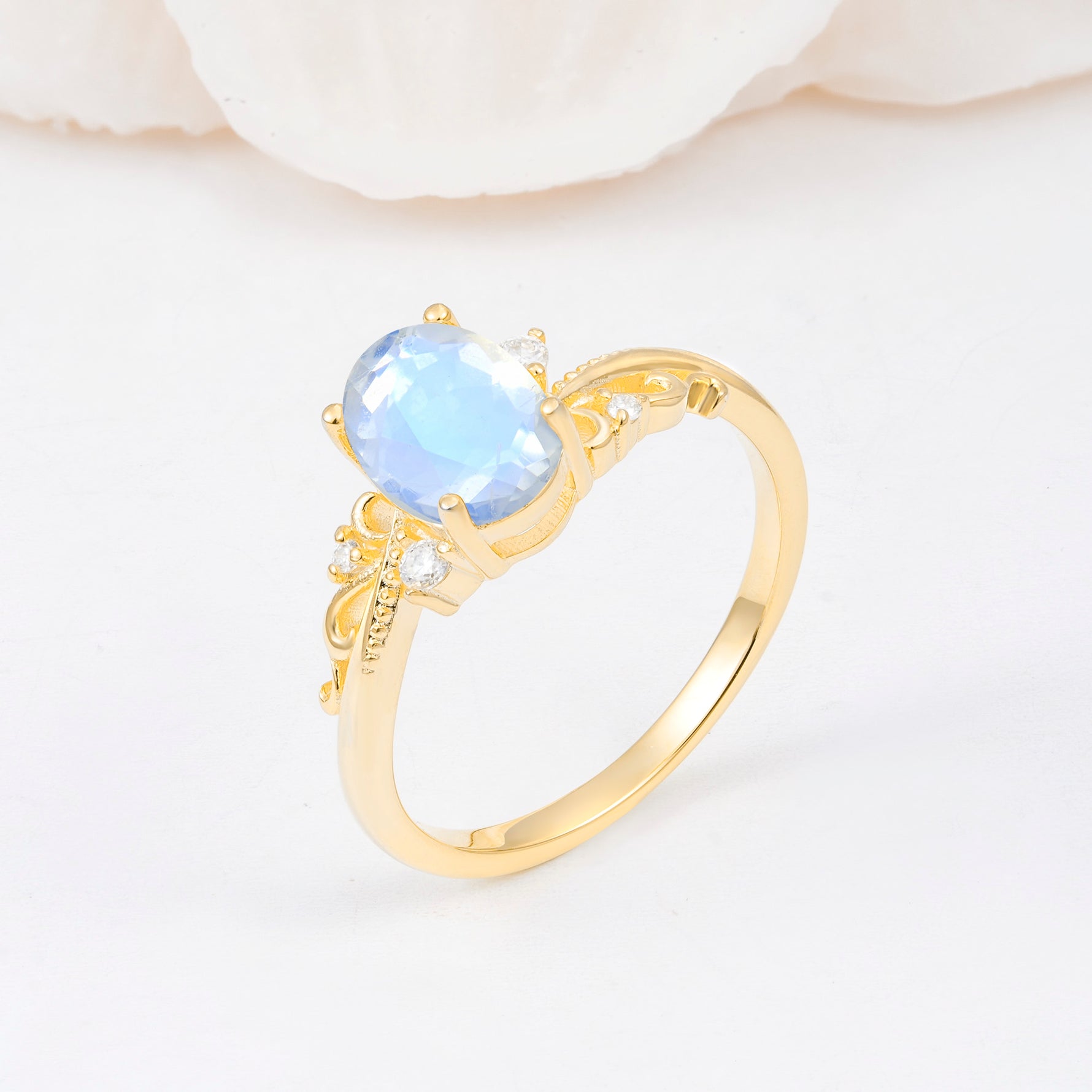 Romantic Oval Cut Twisted Scroll Side Stone Moonstone Engagement Ring - Additional view