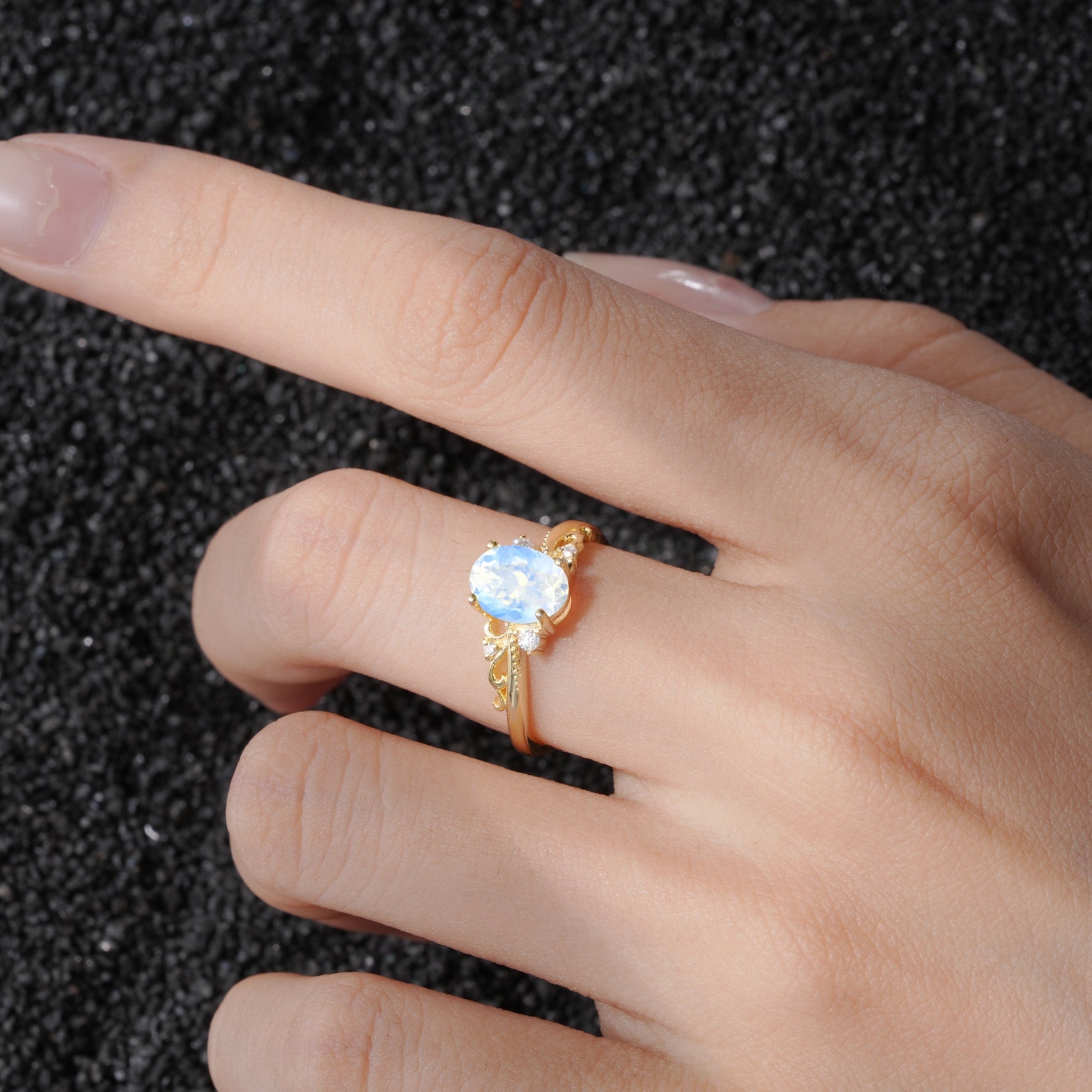 Romantic Oval Cut Twisted Scroll Side Stone Moonstone Engagement Ring - Additional view