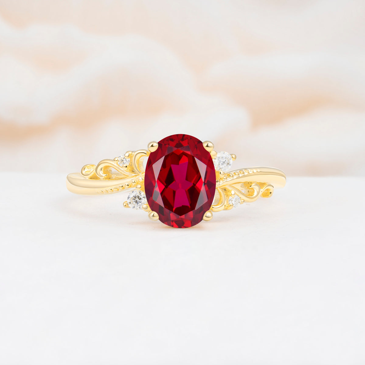 Romantic Oval Cut Twisted Scroll Side Stone Ruby Engagement Ring - Additional view