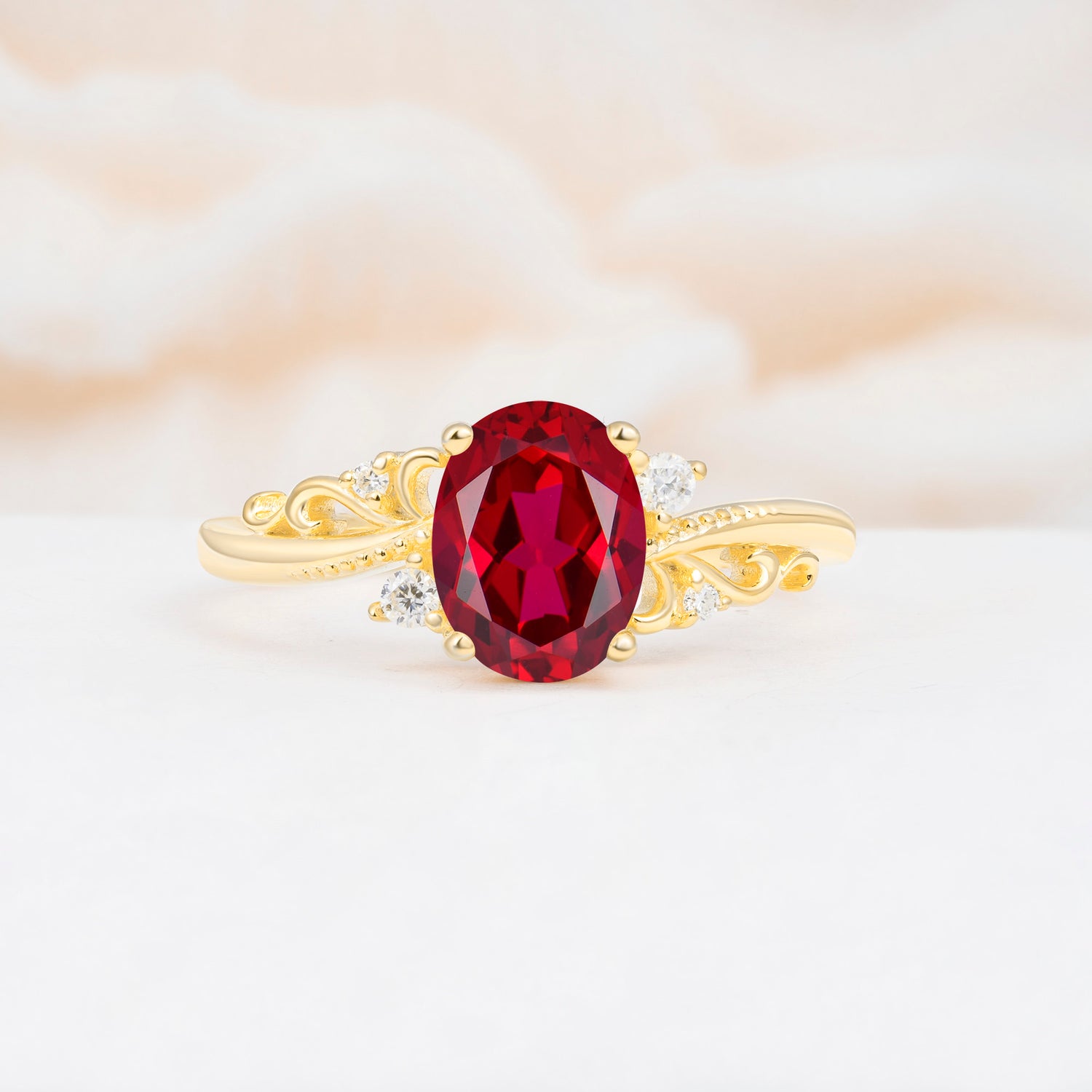 Romantic Oval Cut Twisted Scroll Side Stone Ruby Engagement Ring - Additional view