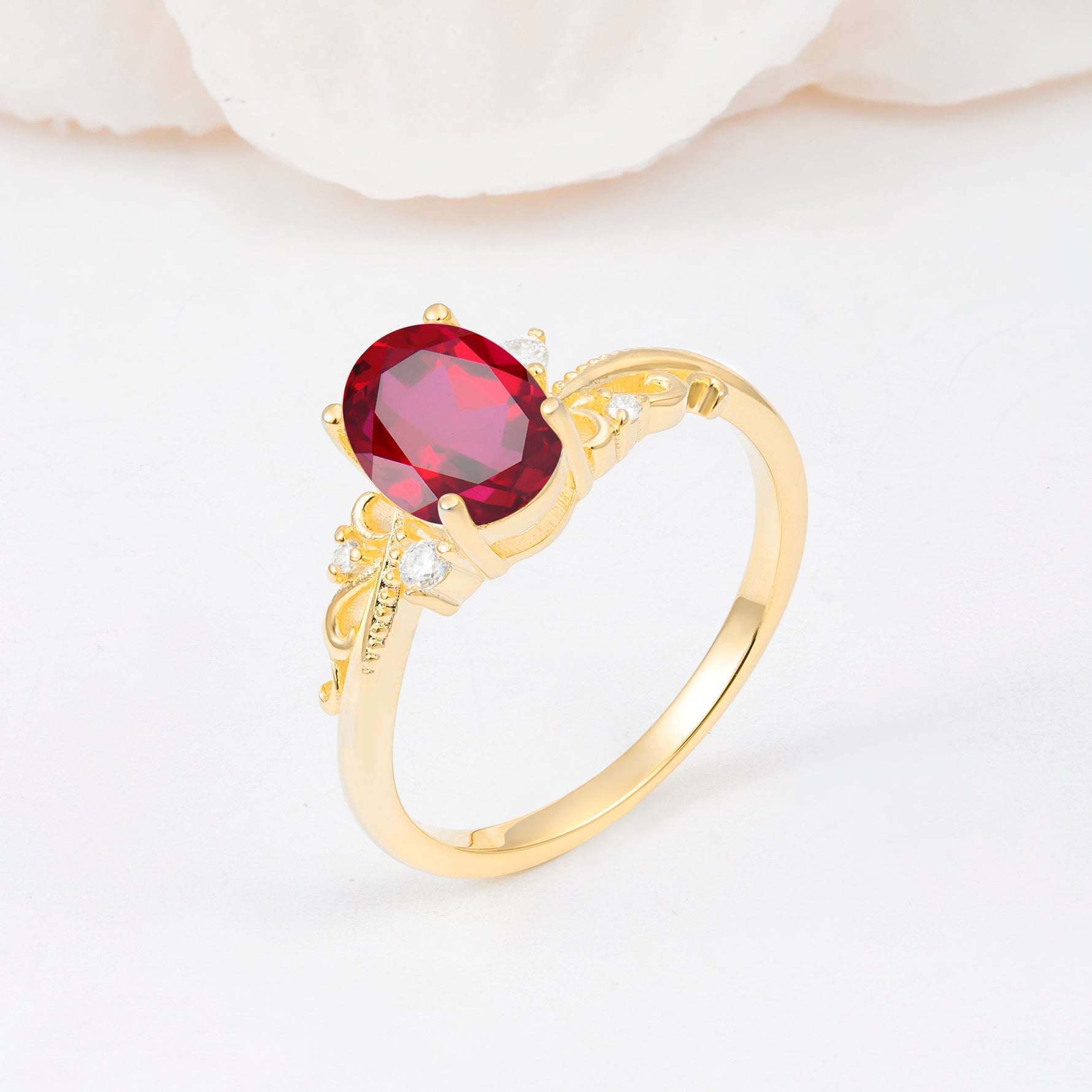 Romantic Oval Cut Twisted Scroll Side Stone Ruby Engagement Ring - Additional view