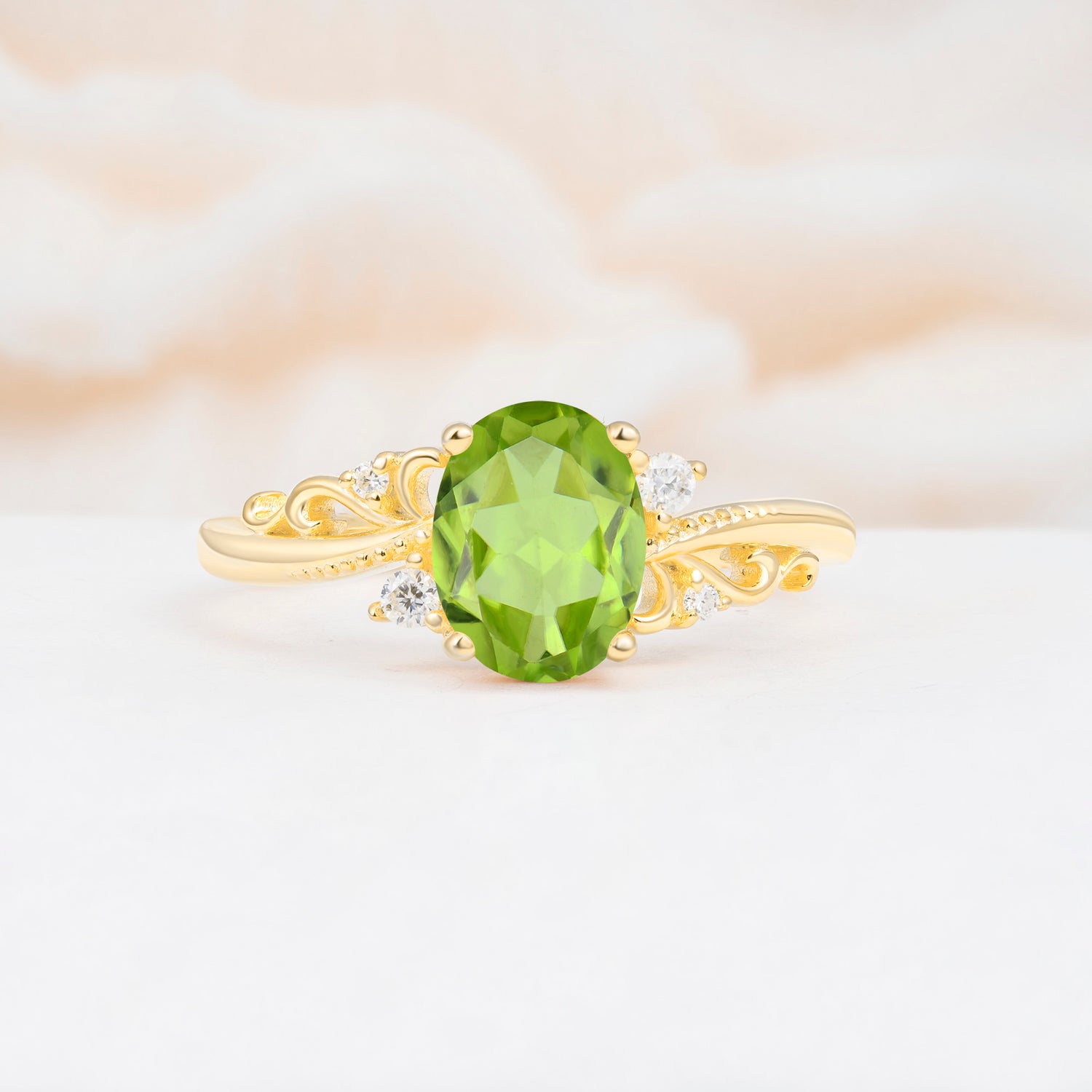 Romantic Oval Cut Twisted Scroll Side Stone Peridot Engagement Ring - Additional view