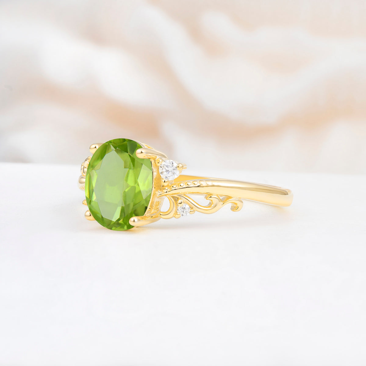 Romantic Oval Cut Twisted Scroll Side Stone Peridot Engagement Ring - Additional view