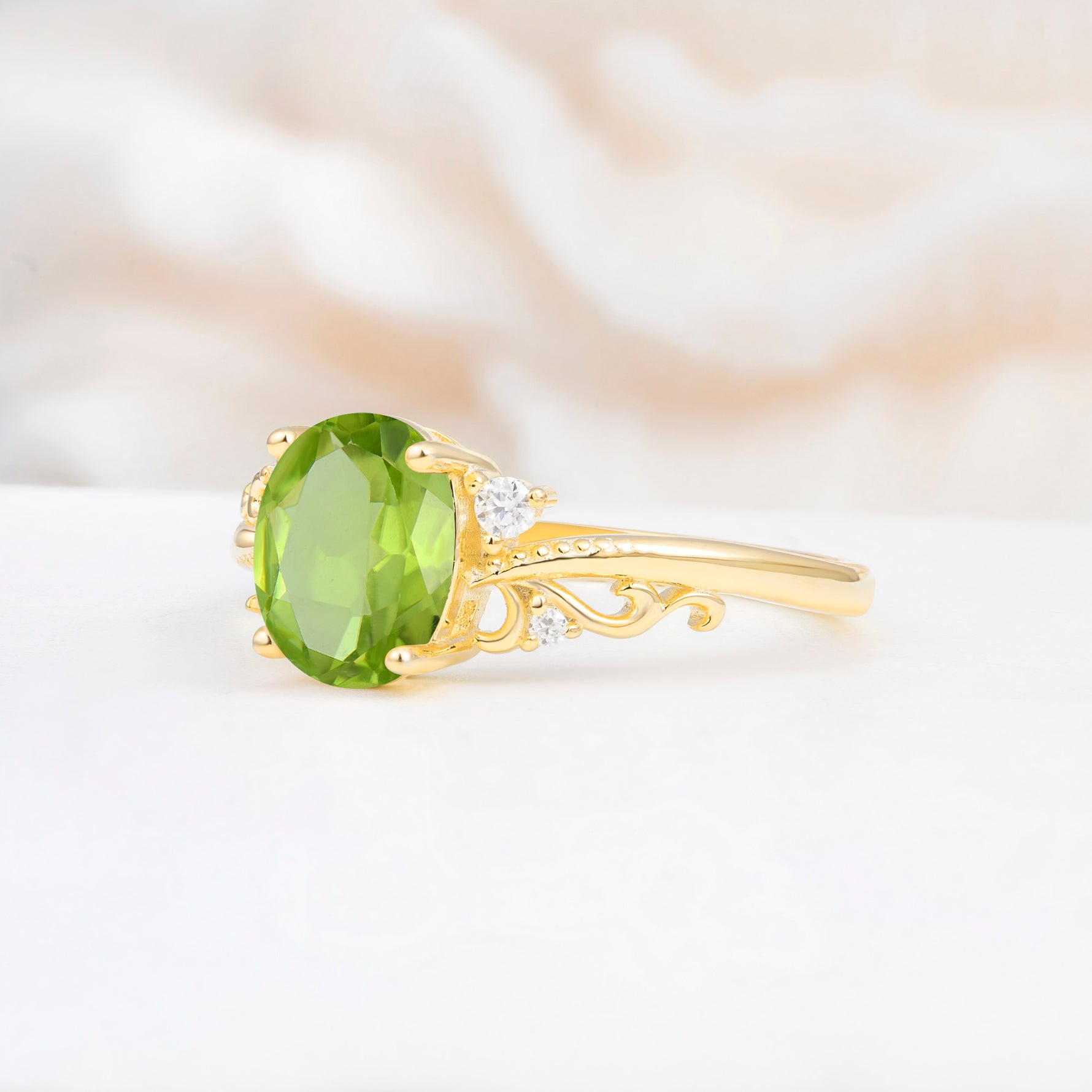Romantic Oval Cut Twisted Scroll Side Stone Peridot Engagement Ring - Additional view