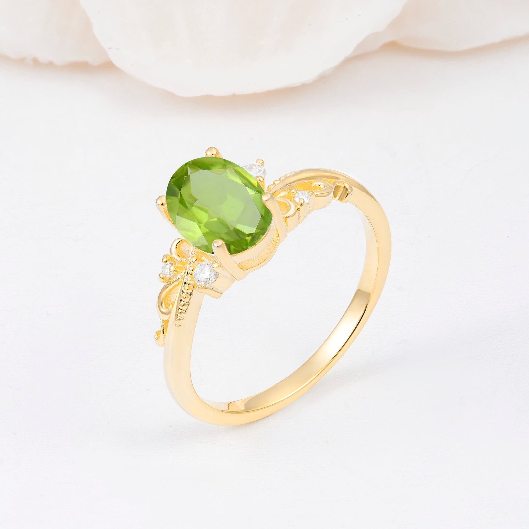Romantic Oval Cut Twisted Scroll Side Stone Peridot Engagement Ring - Additional view