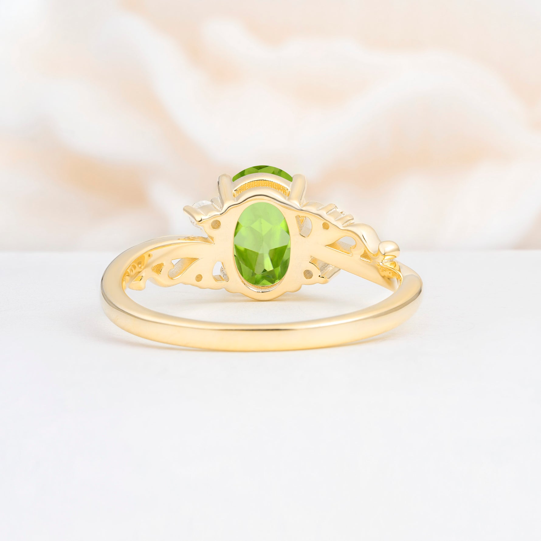 Romantic Oval Cut Twisted Scroll Side Stone Peridot Engagement Ring - Additional view