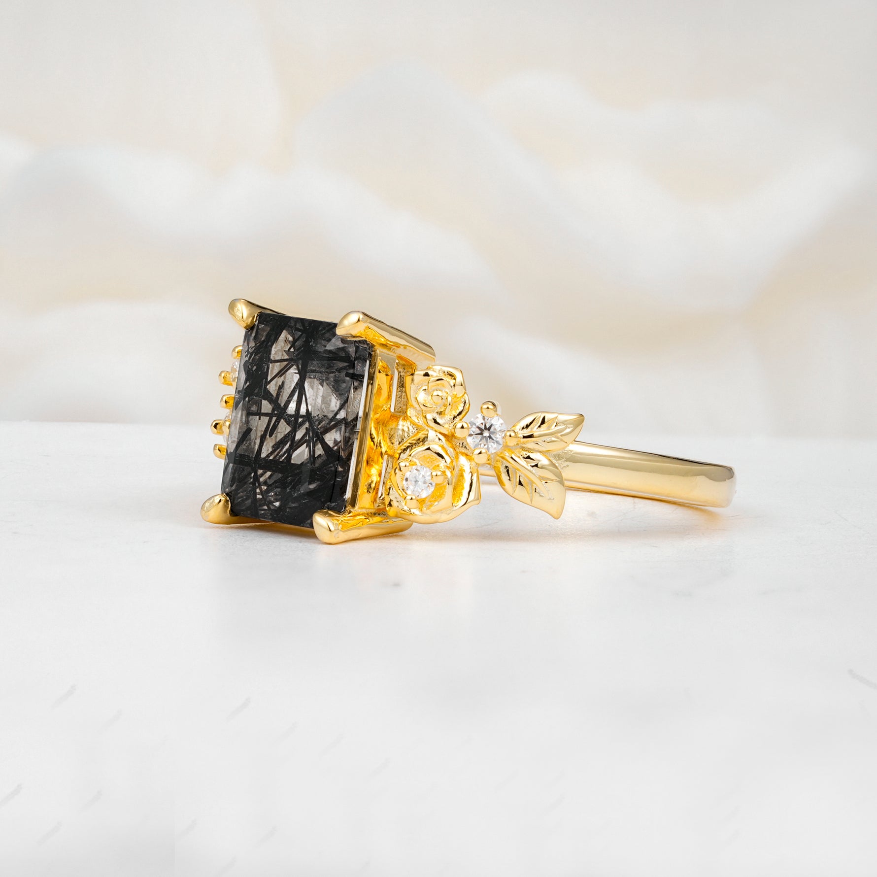 SR17645 Black Rutilated Quartz Ring - White-Gold