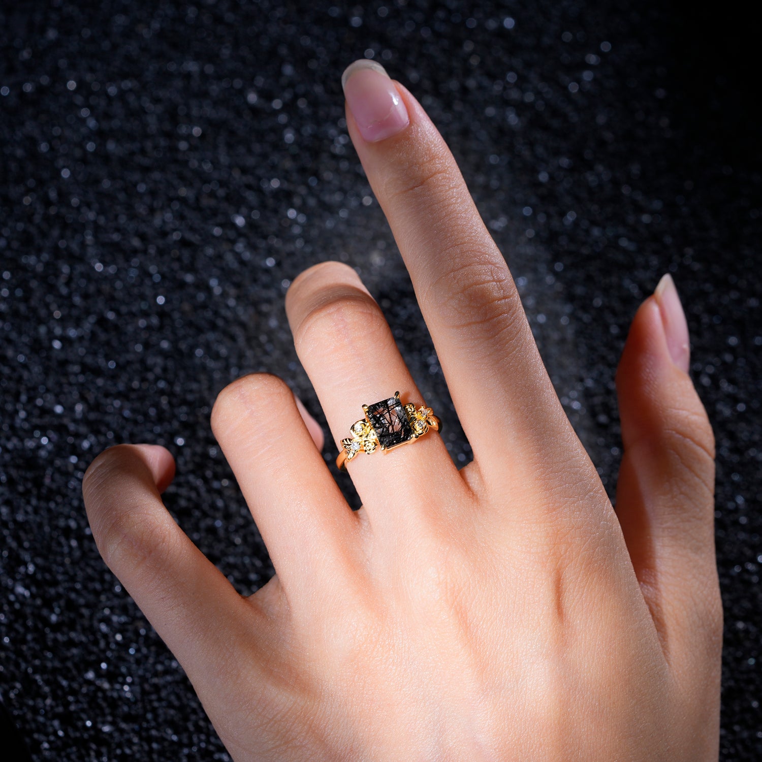 SR17645 Black Rutilated Quartz Ring - Rose-Gold