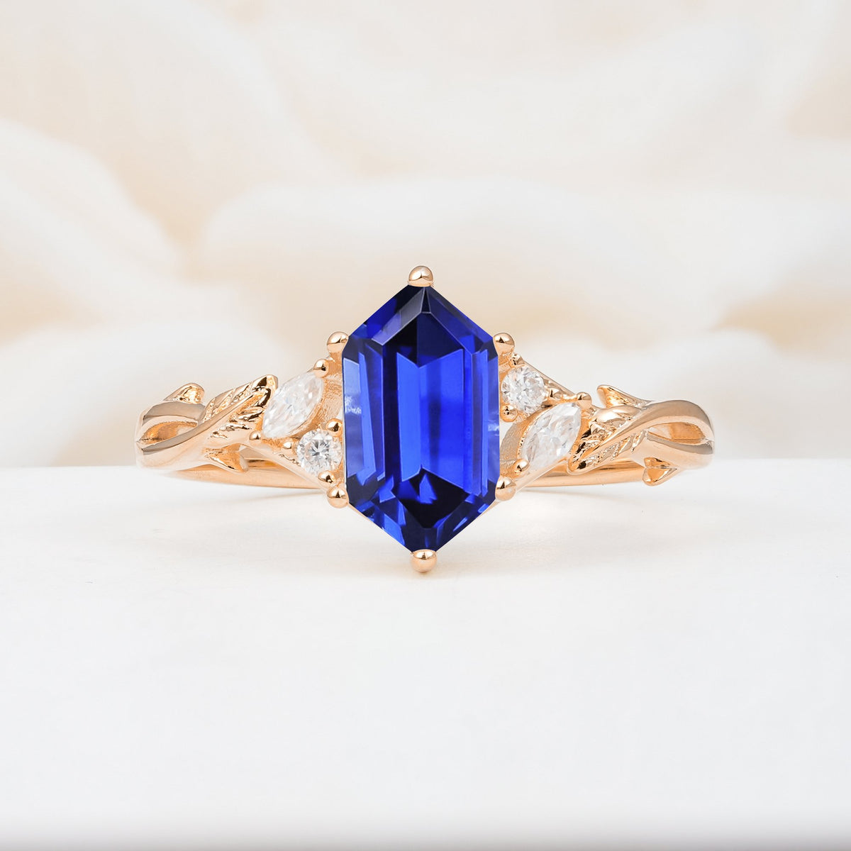 Elongated Hexagon Cut Sapphire Floral Bridal Ring Set - Additional view