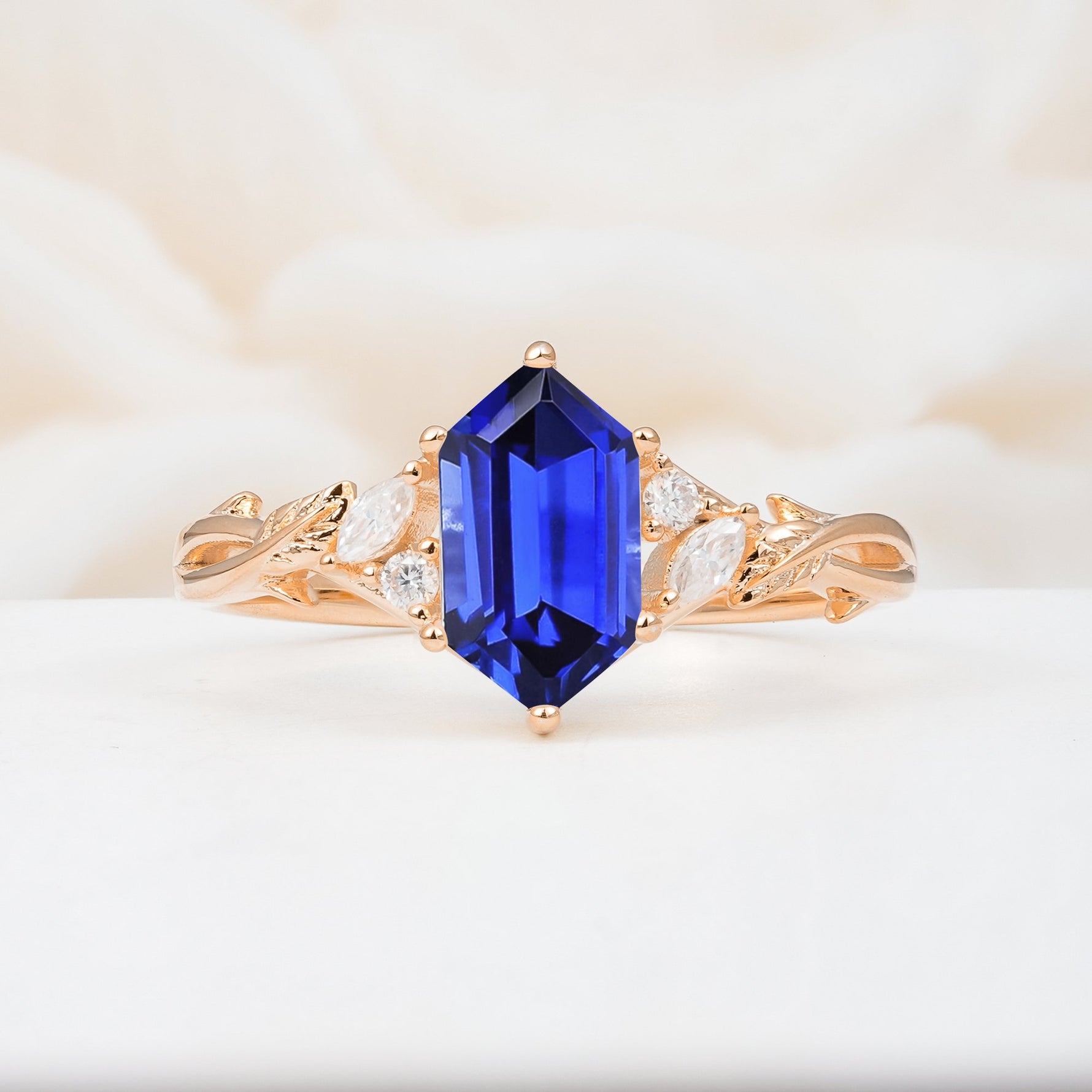 Elongated Hexagon Cut Sapphire Floral Bridal Ring Set - Additional view