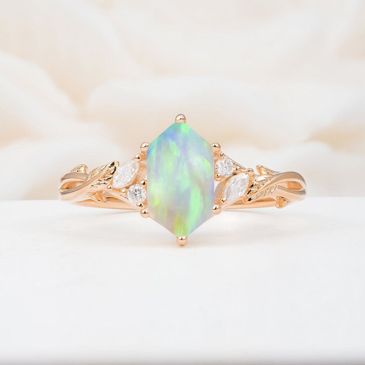 Elongated Hexagon Cut Fire Opal Floral Bridal Ring Set - Additional view