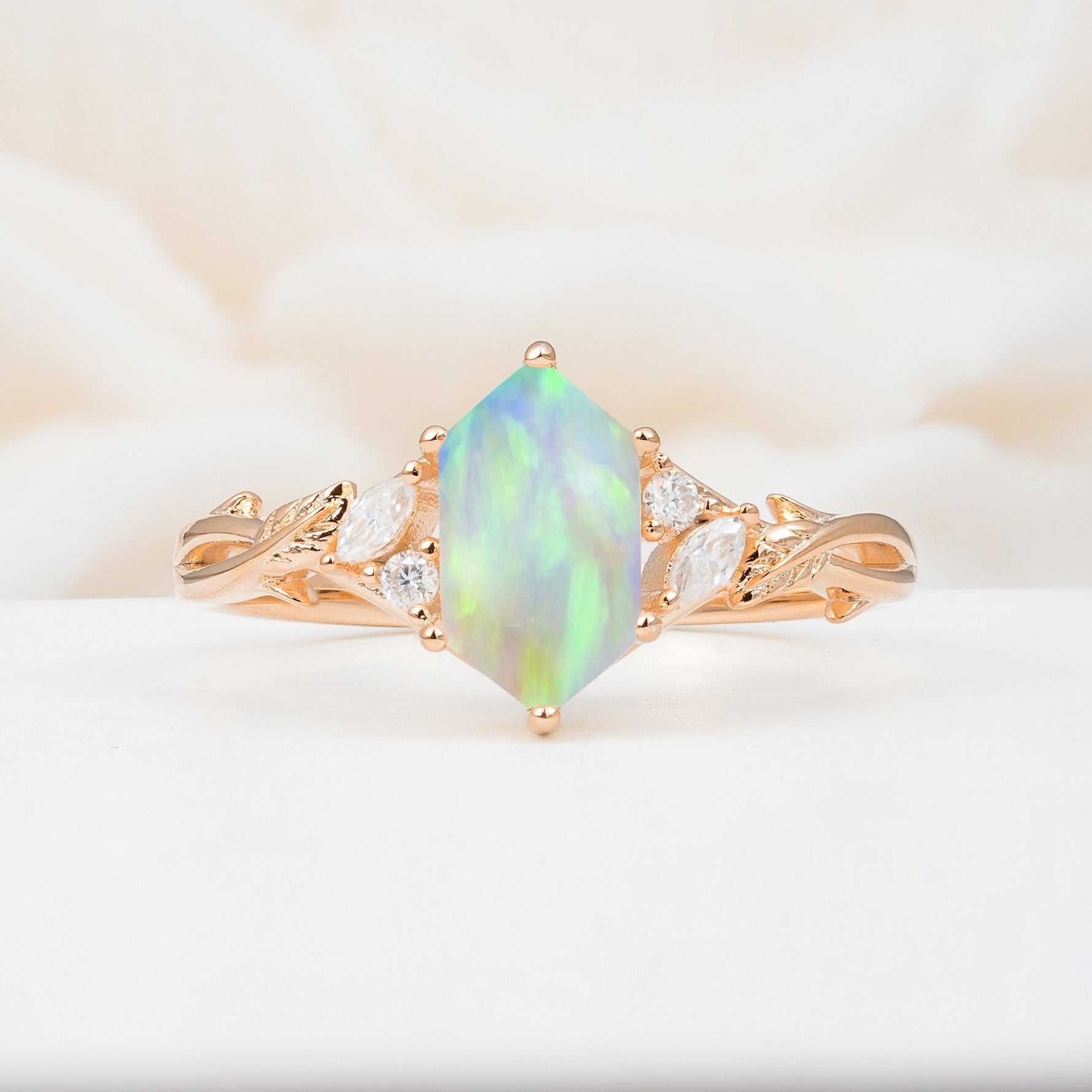 Elongated Hexagon Cut Fire Opal Floral Bridal Ring Set - Additional view