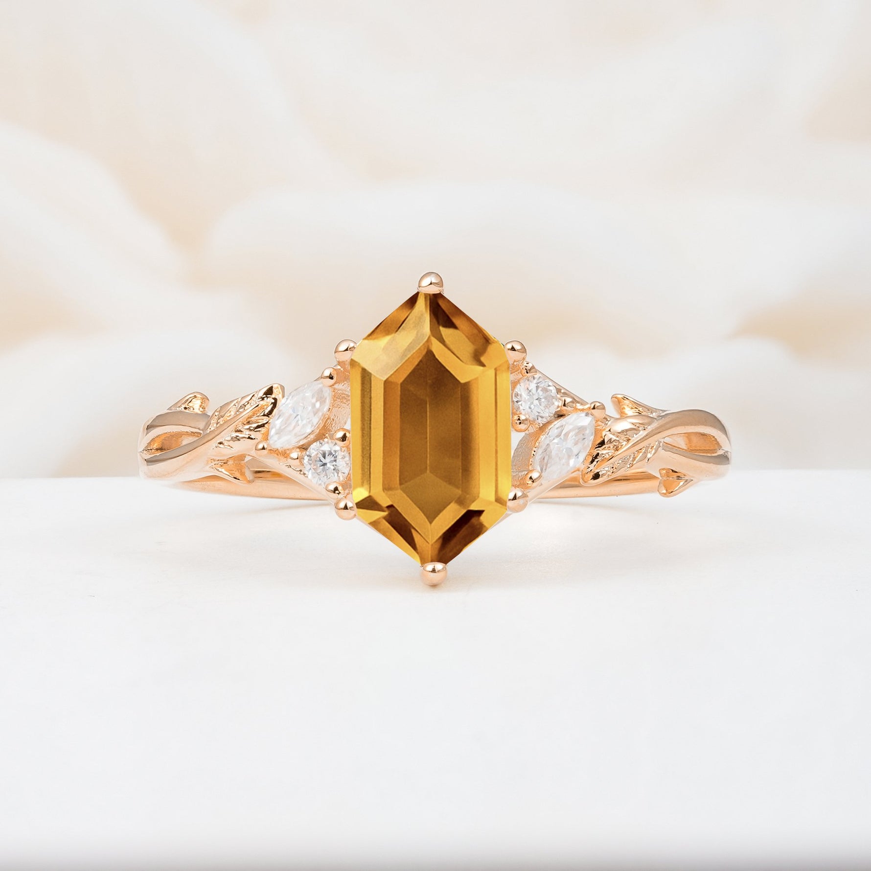 Elongated Hexagon Cut Citrine Floral Bridal Ring Set - Additional view