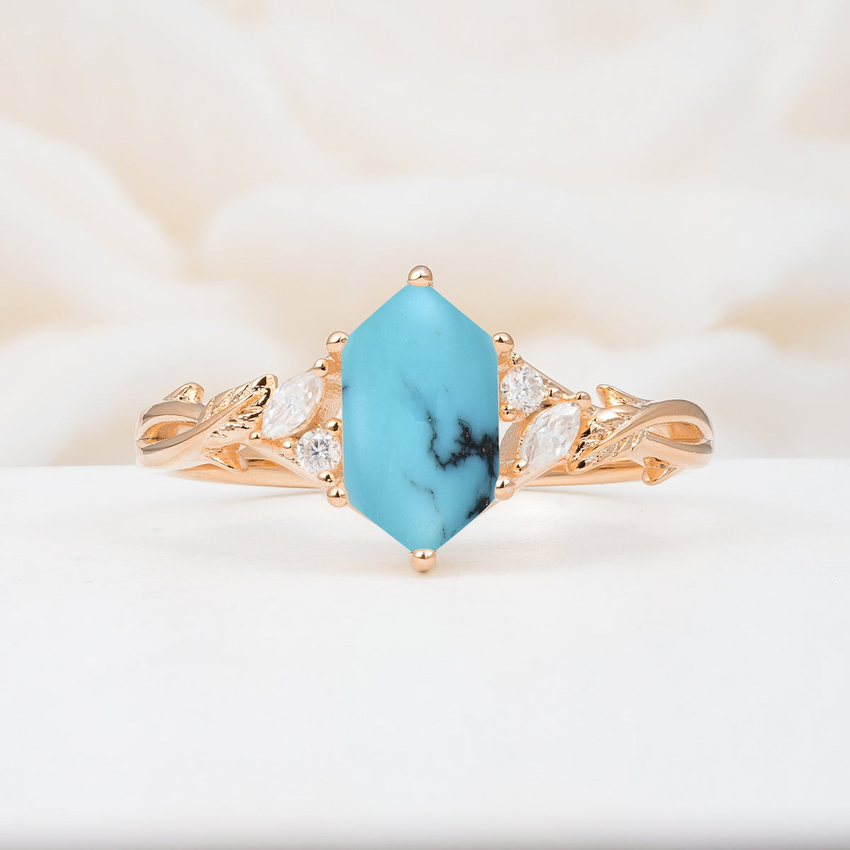 Elongated Hexagon Cut Turquoise Floral Bridal Ring Set - Additional view