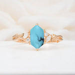 Elongated Hexagon Cut Turquoise Floral Bridal Ring Set - Additional view