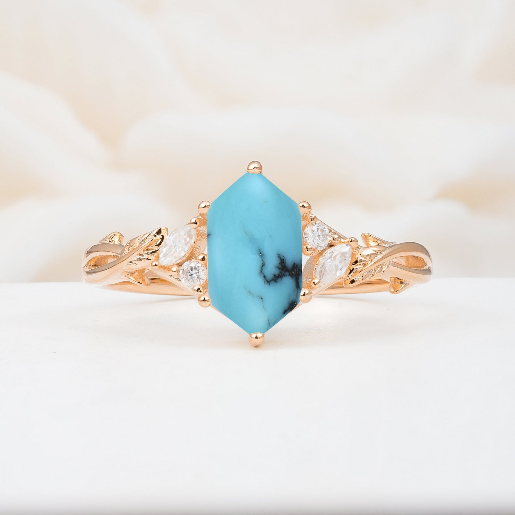 Elongated Hexagon Cut Turquoise Floral Bridal Ring Set - Additional view