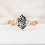 Elongated Hexagon Cut Black Rutilated Quartz Floral Bridal Ring Set - Additional view