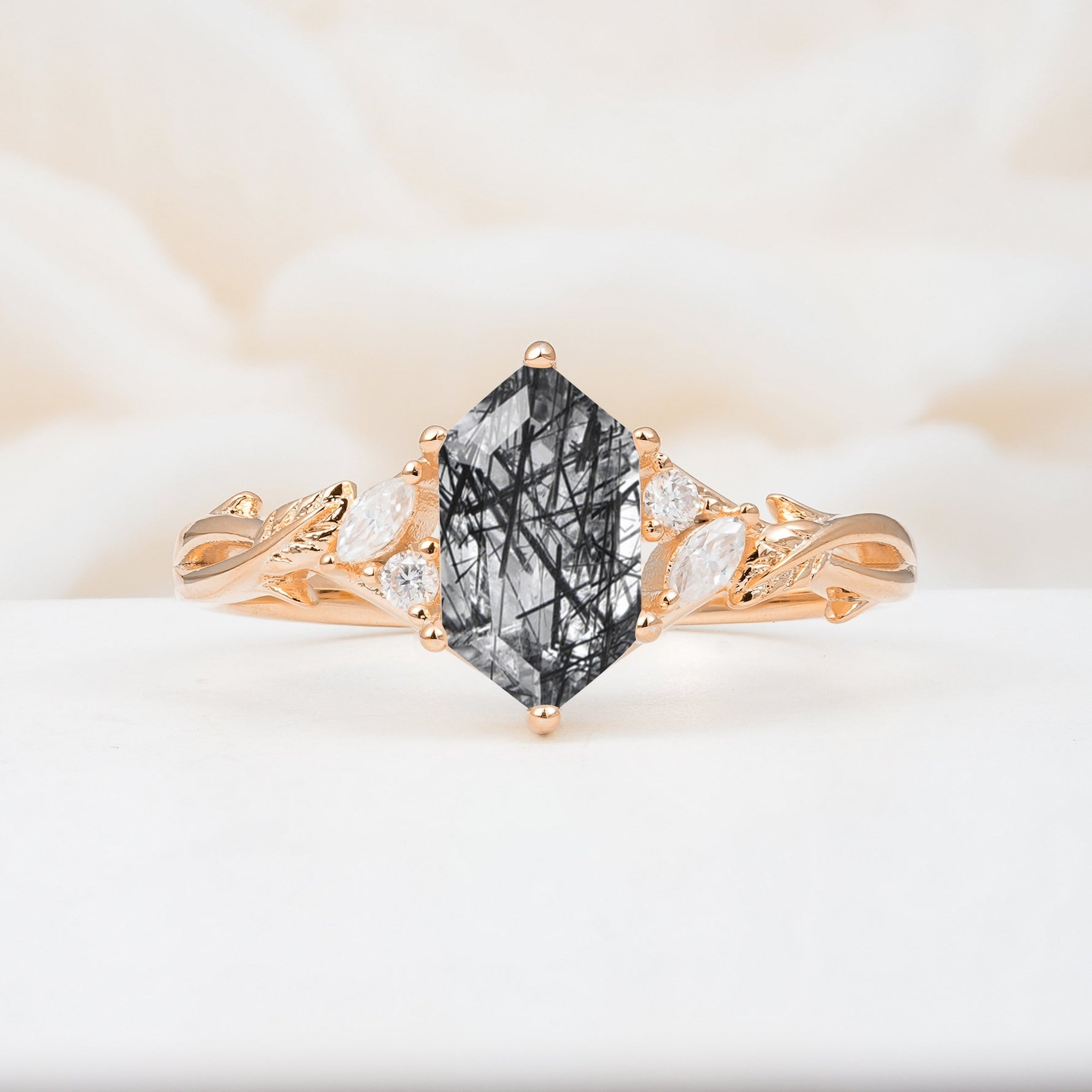 Elongated Hexagon Cut Black Rutilated Quartz Floral Bridal Ring Set - Additional view