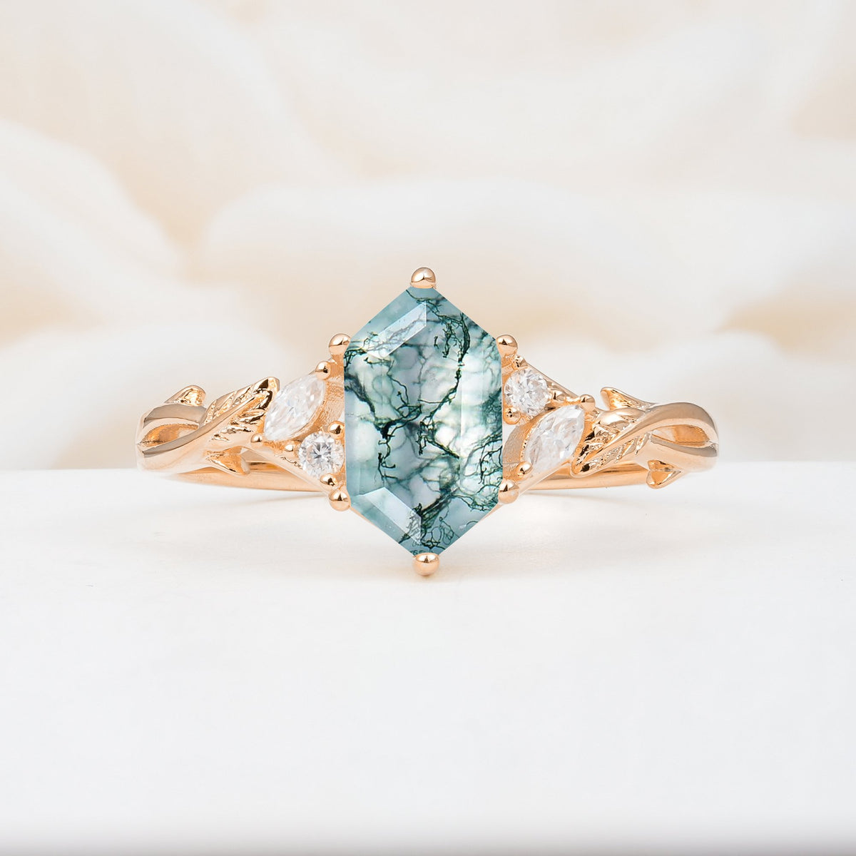 Elongated Hexagon Cut Moss Agate Floral Bridal Ring Set - Additional view