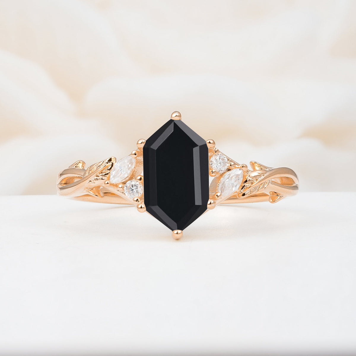 Elongated Hexagon Cut Black Onyx Floral Bridal Ring Set - Additional view