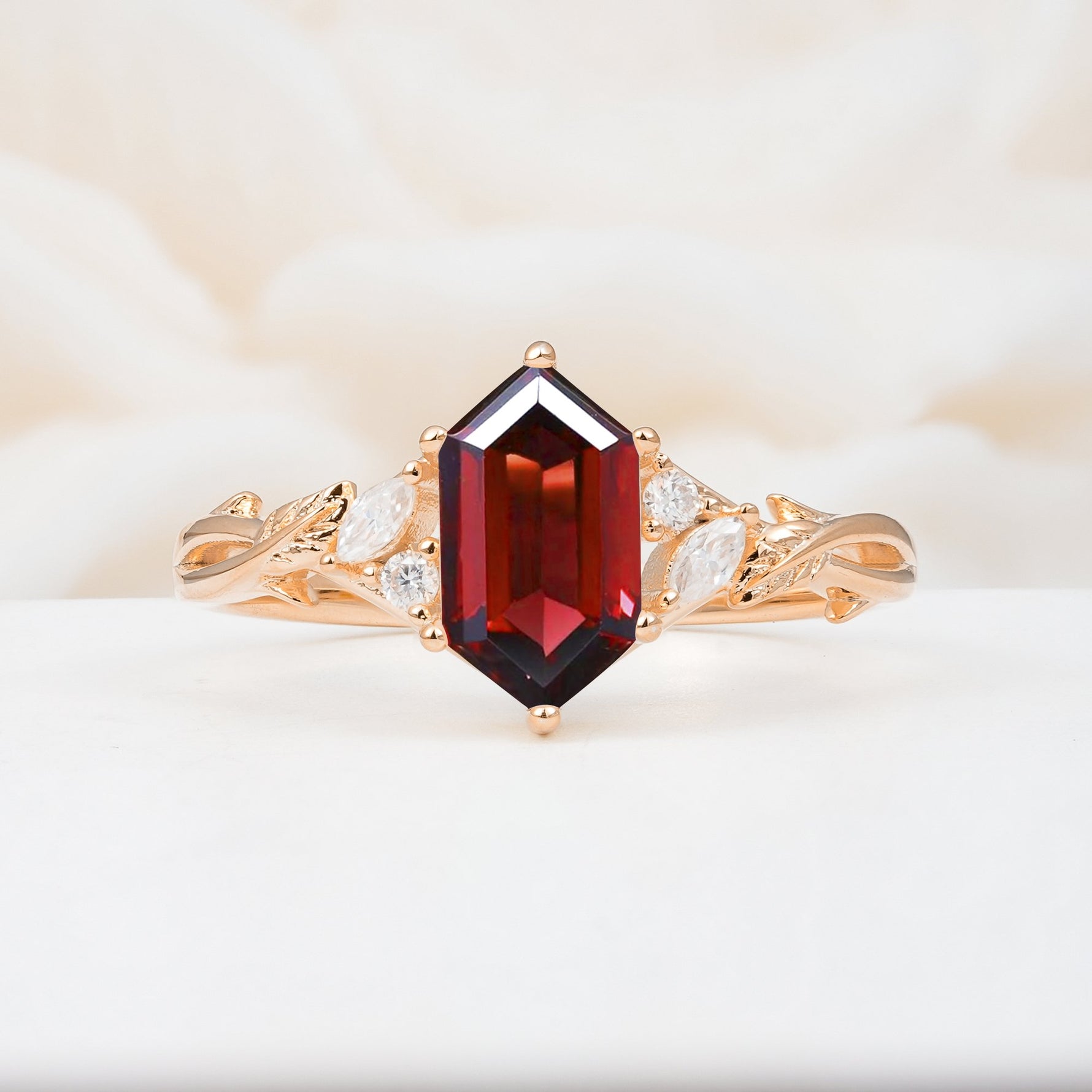 Elongated Hexagon Cut Garnet Floral Bridal Ring Set - Additional view