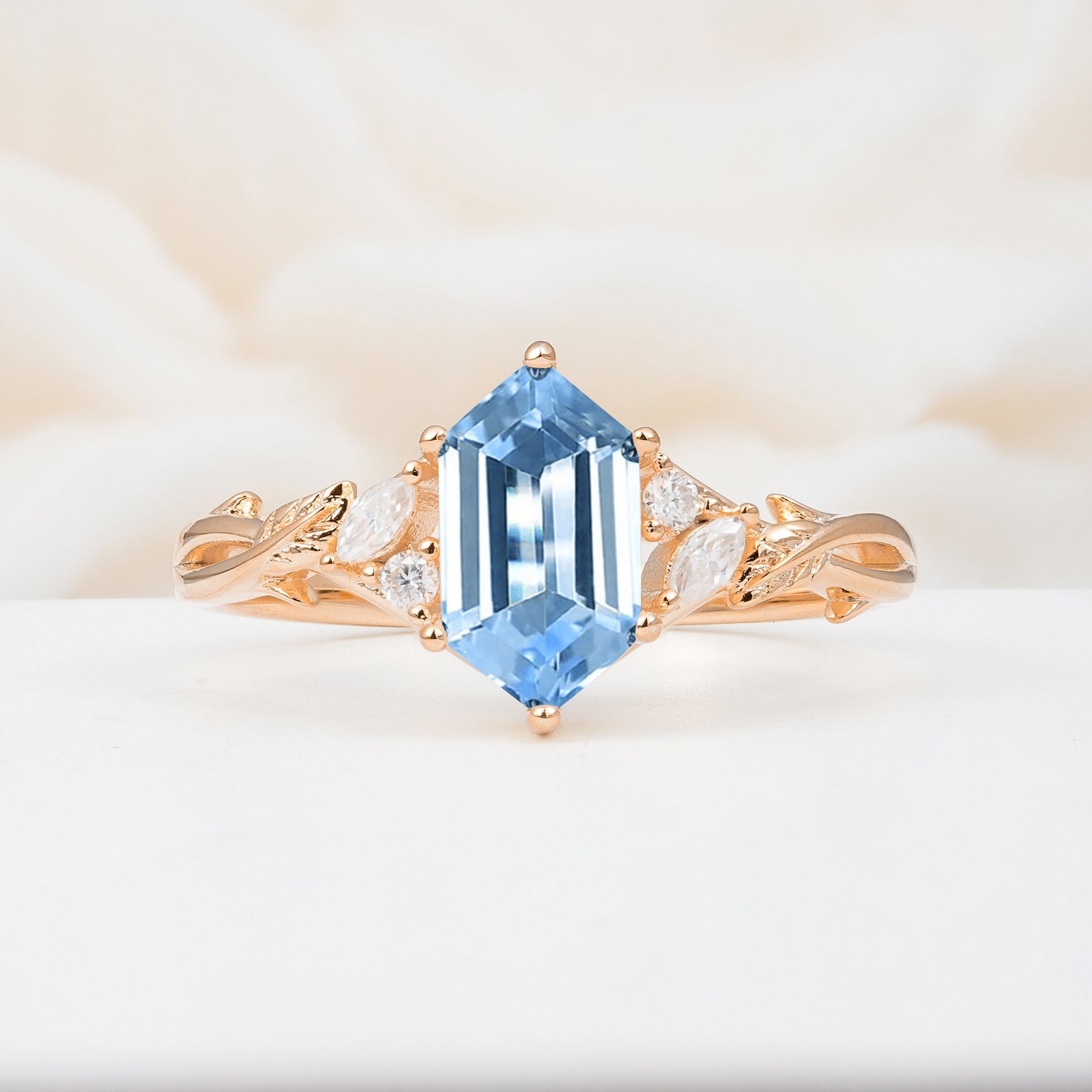 Elongated Hexagon Cut Aquamarine Floral Bridal Ring Set - Additional view