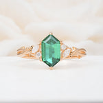 Elongated Hexagon Cut Emerald Floral Bridal Ring Set - Additional view