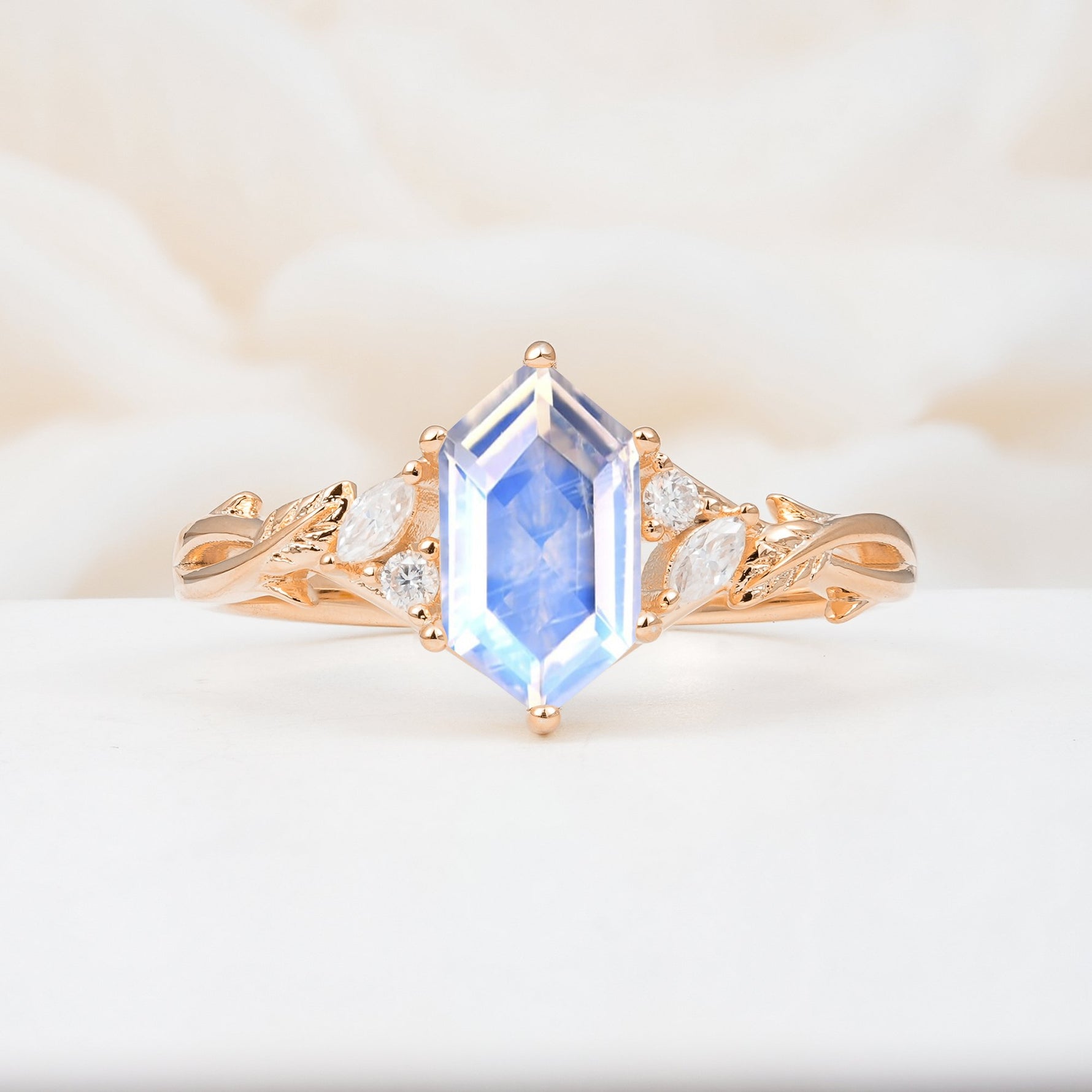 Elongated Hexagon Cut Moonstone Floral Bridal Ring Set - Additional view