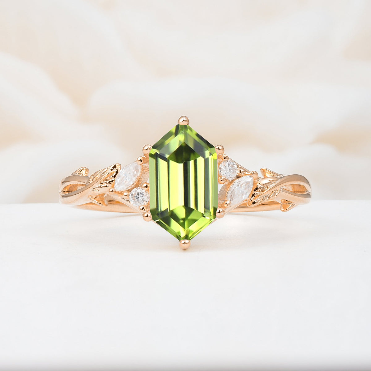 Elongated Hexagon Cut Peridot Floral Bridal Ring Set - Additional view