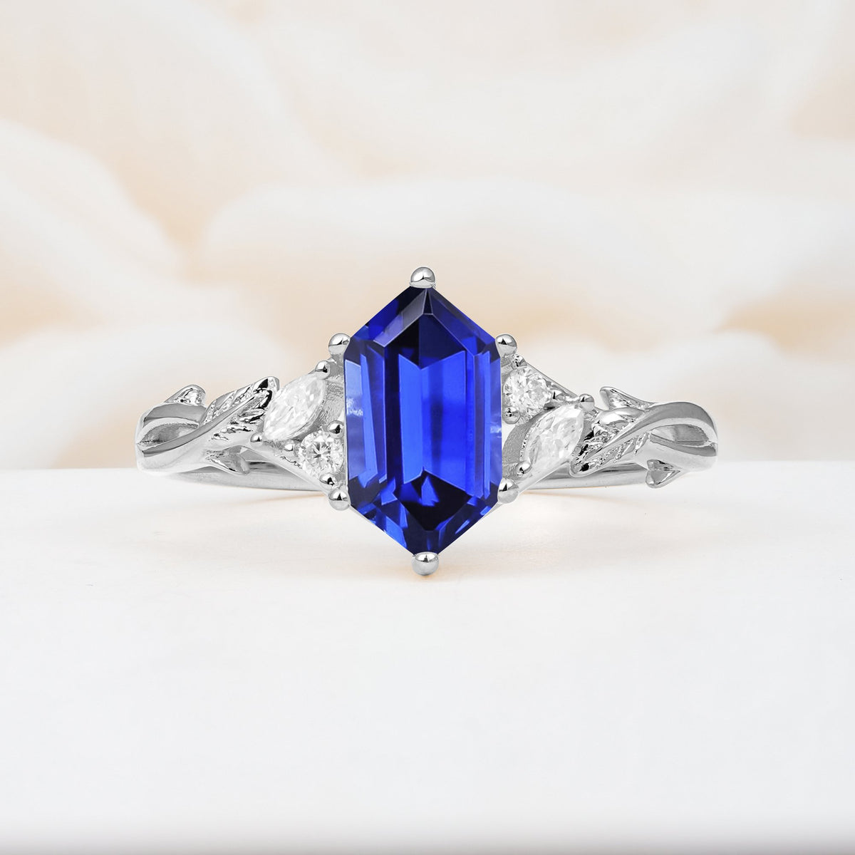 Elongated Hexagon Cut Sapphire Floral Bridal Ring Set - Additional view