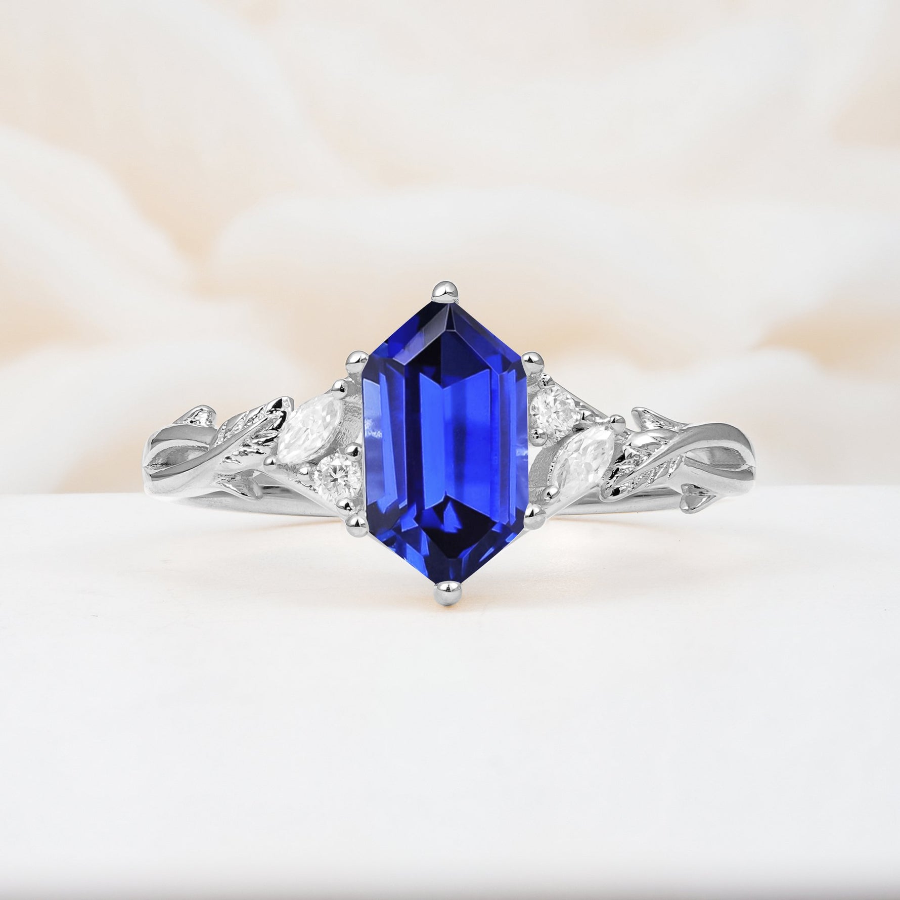 Elongated Hexagon Cut Sapphire Floral Bridal Ring Set - Additional view